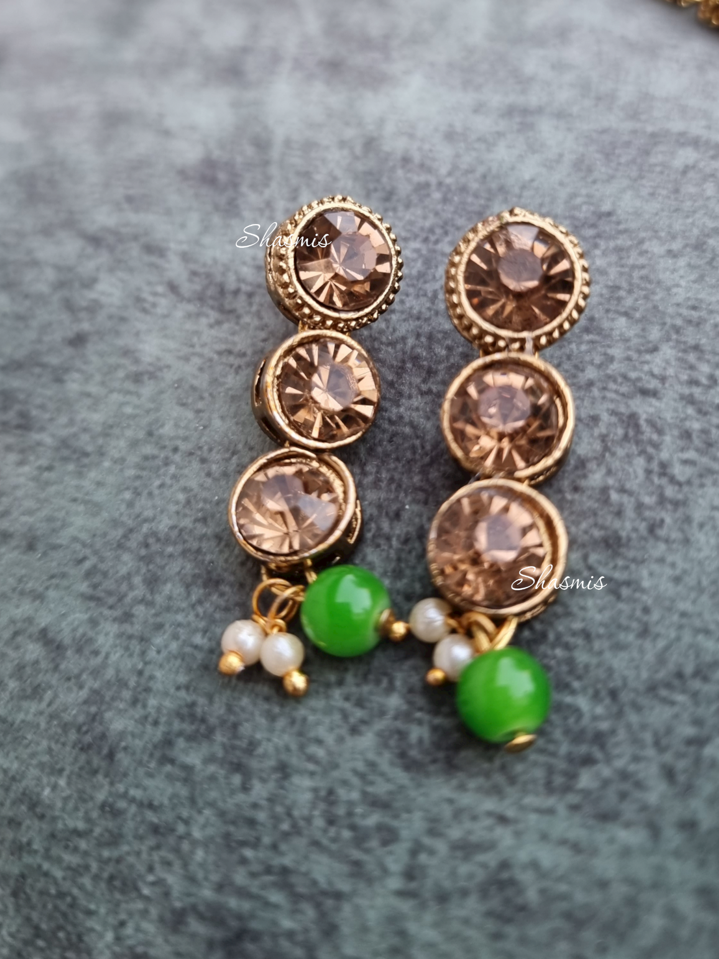 Green Color Beads with Golden Stones Necklace
