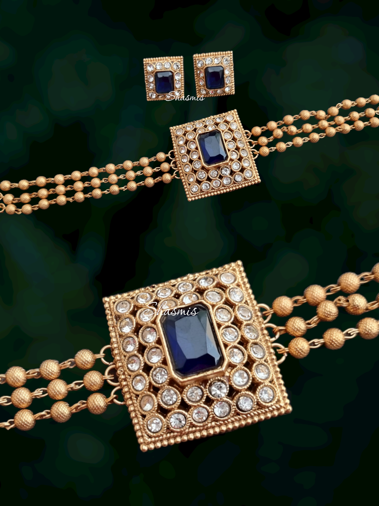 Blue Centre Stone Temple Necklace With Earrings