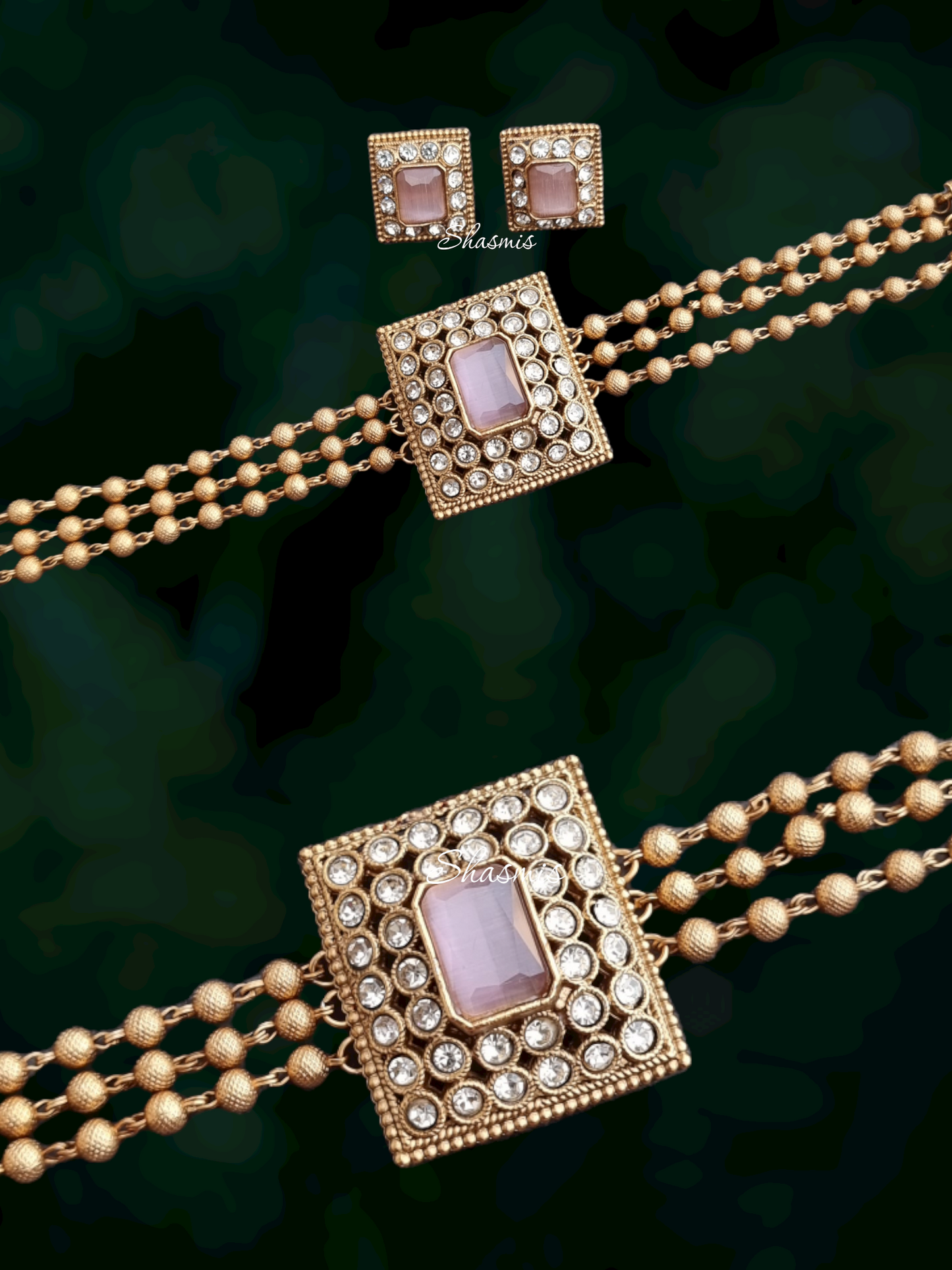 Pink Color Centre Stone Temple Necklace With Earrings