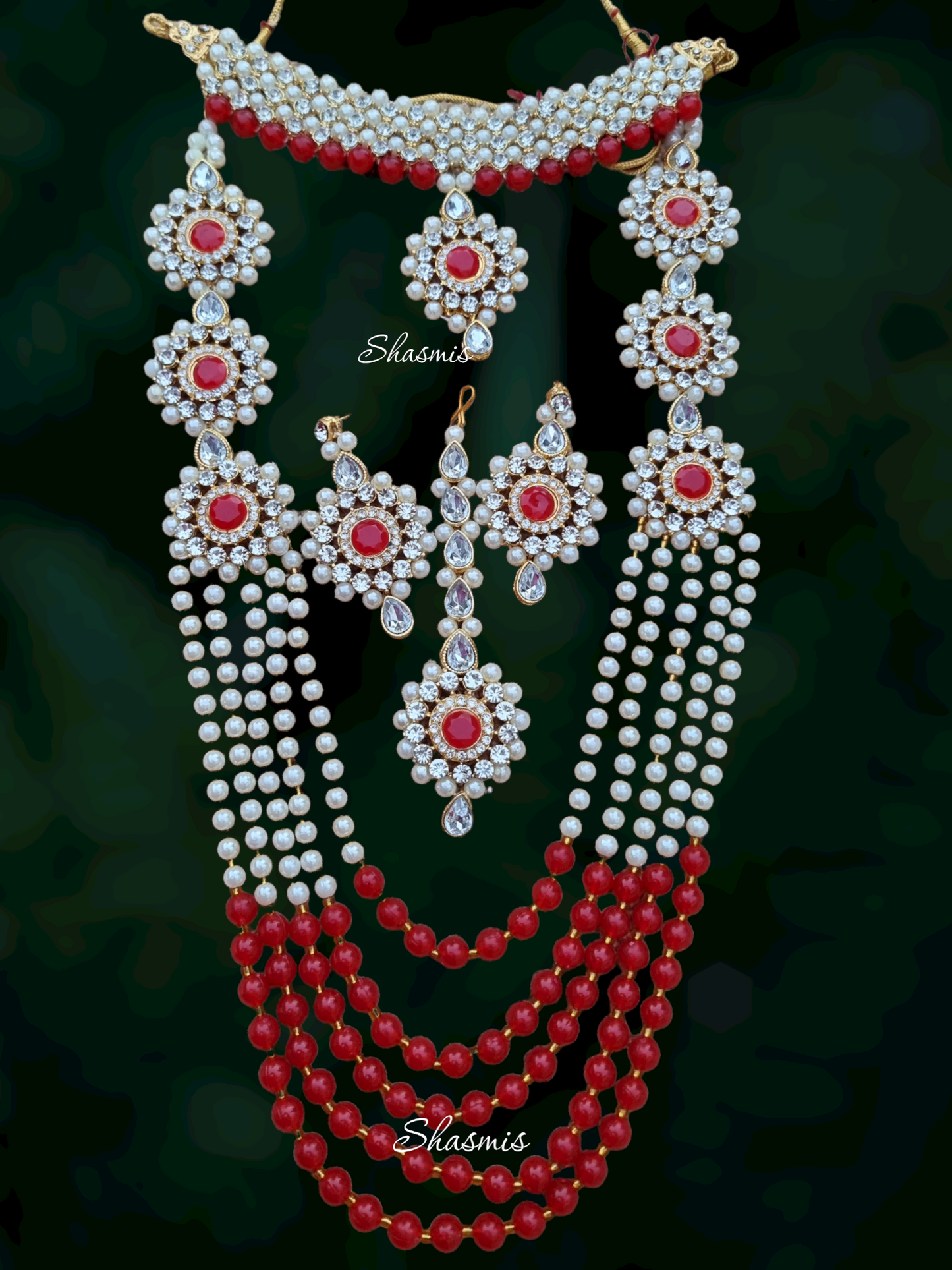 Long Layer Glass Kundan Choker With Earrings And Mang Tika Combo Set