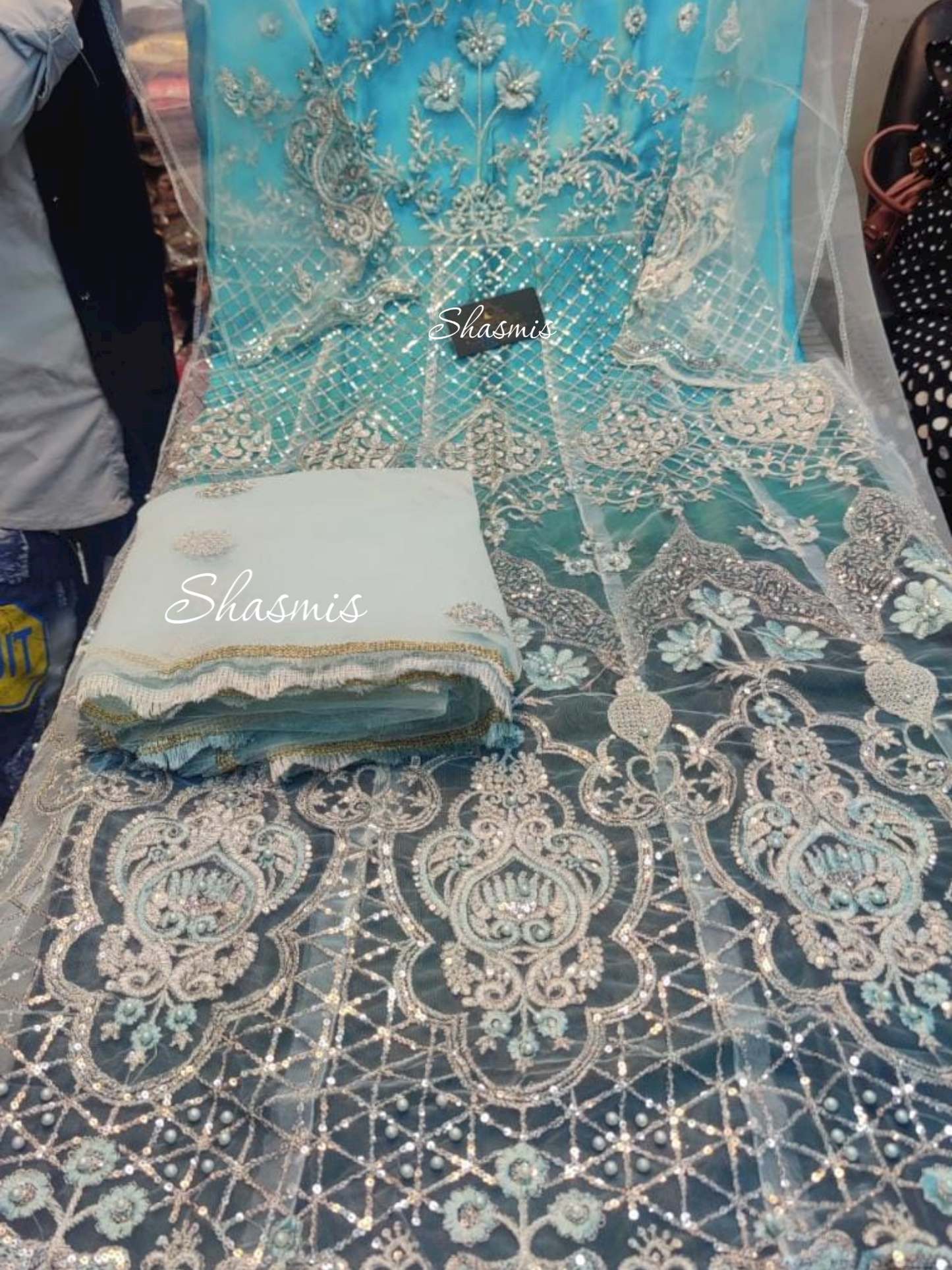 Blue Shade Material With Silver Work