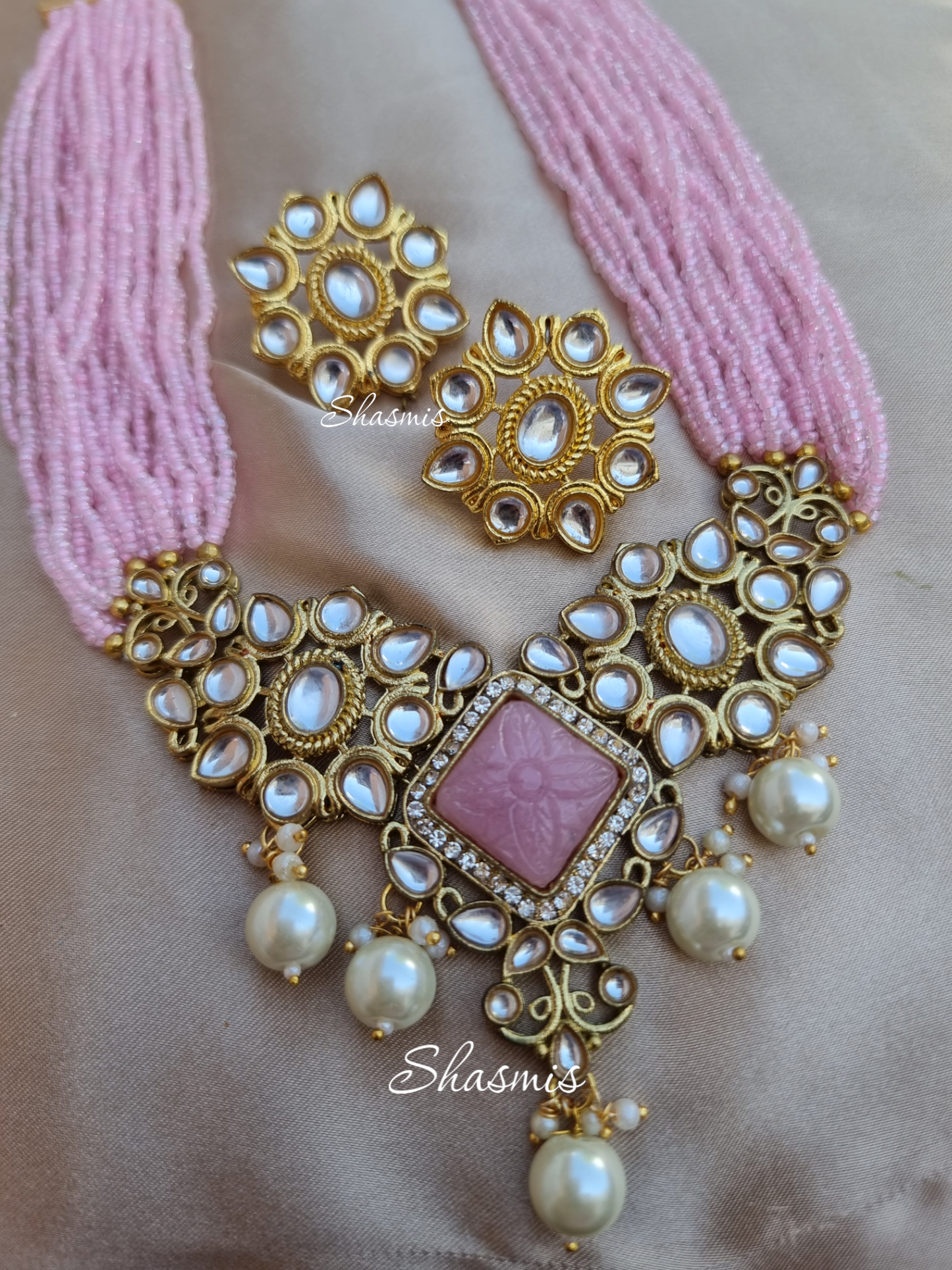 Pink Color Carved Stone Necklace And Earrings With White Beads