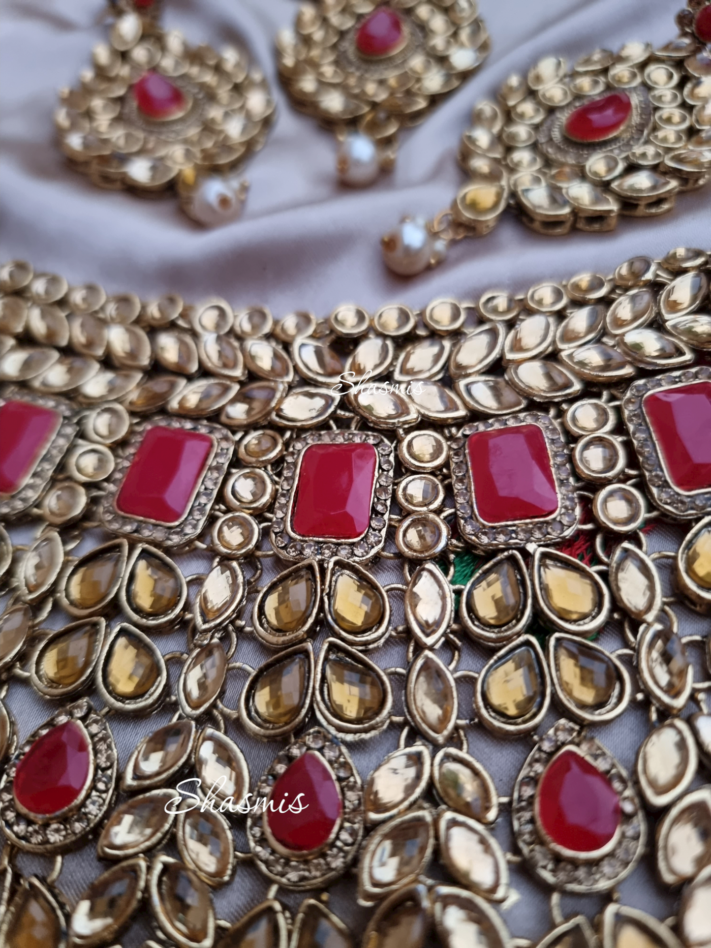 Red Color Rhinestone Heavy Bridal Necklace Set With Mathapatti and Earrings