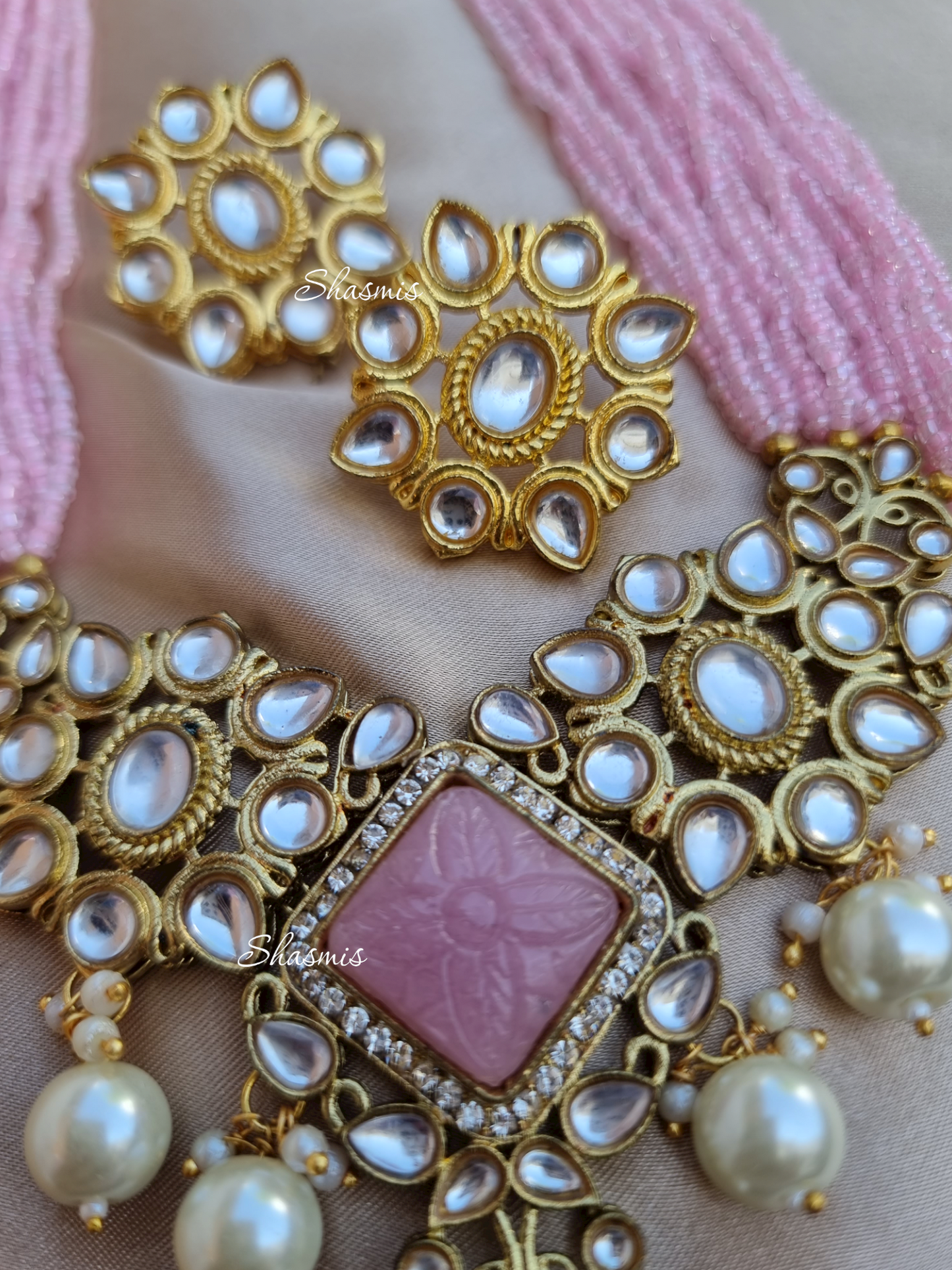 Pink Color Carved Stone Necklace And Earrings With White Beads