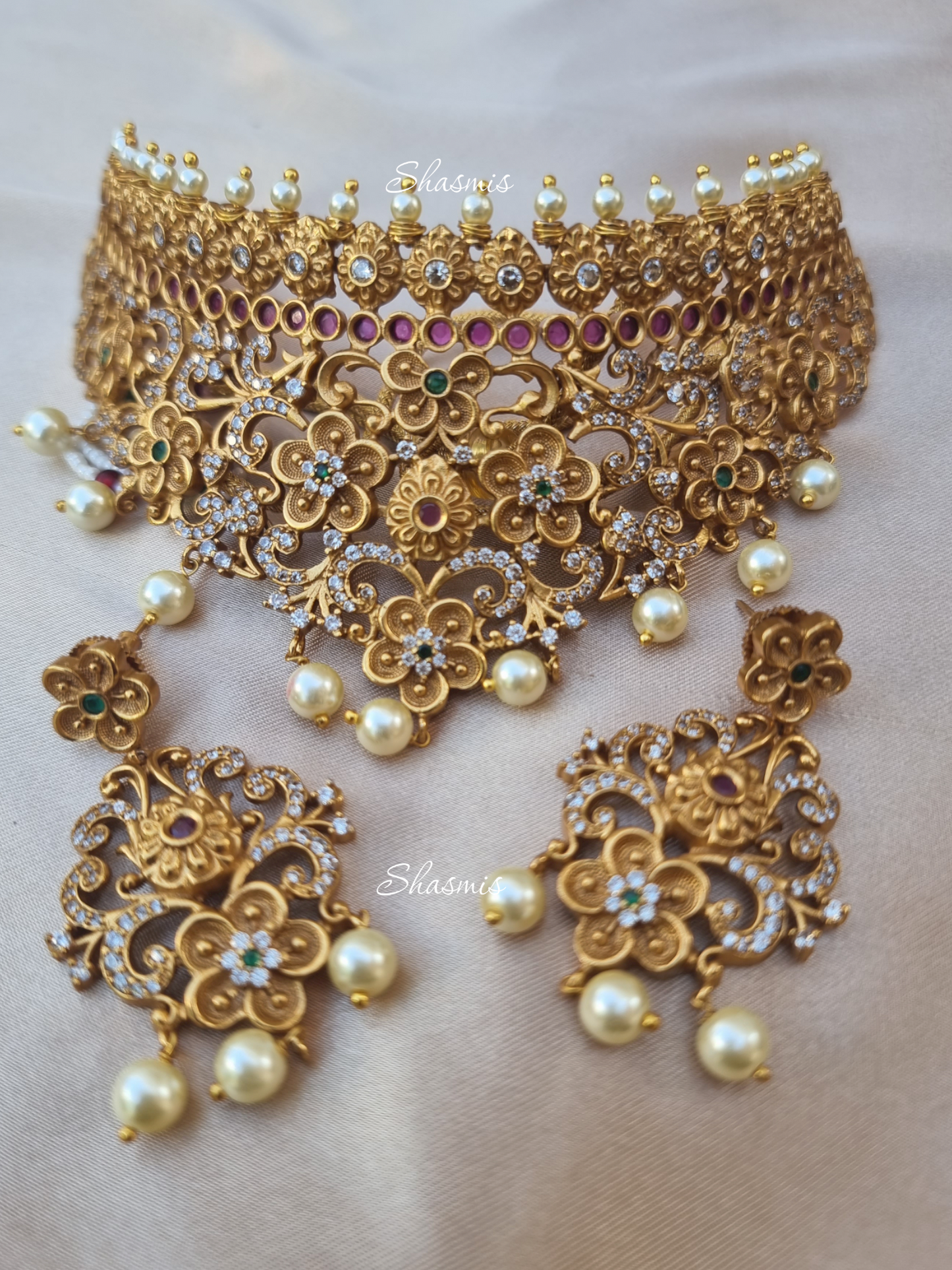 Gold Plated Temple Choker Jewellery With Earrings