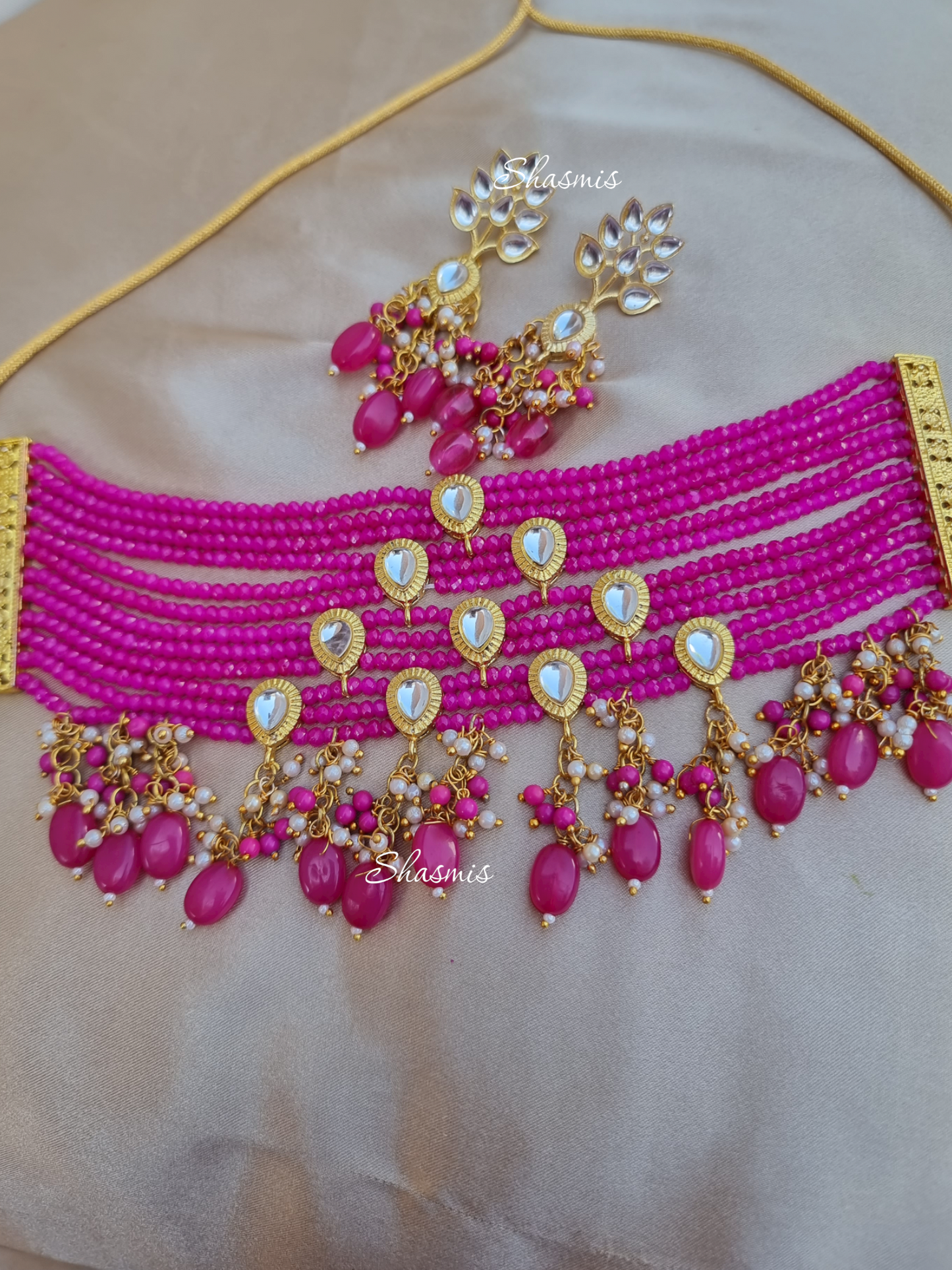 Pink Color Beaded Layer Necklace Choker