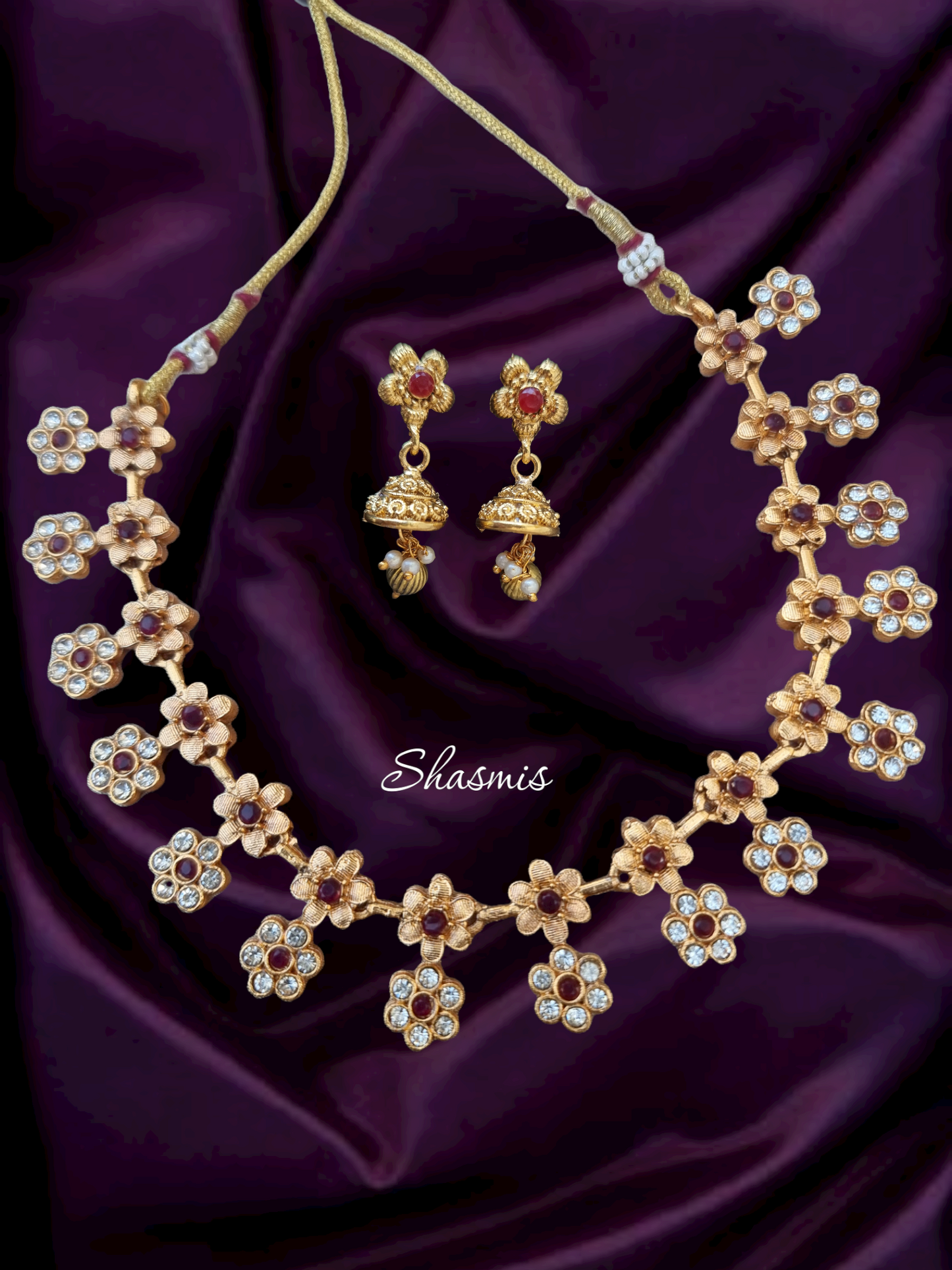Flower Ruby Stones Necklace With Earrings