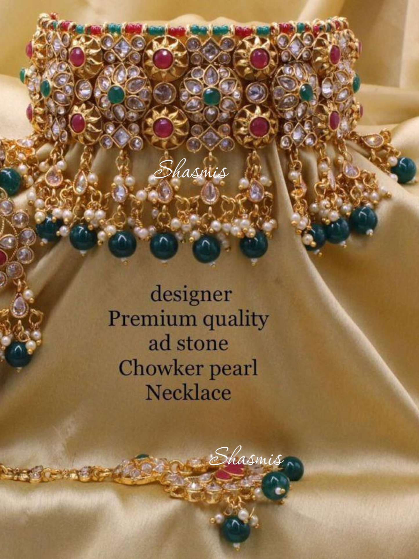 Ruby and Green Stone Gold Plated Kundan Neck ChoKER With Earrings and Mangtika