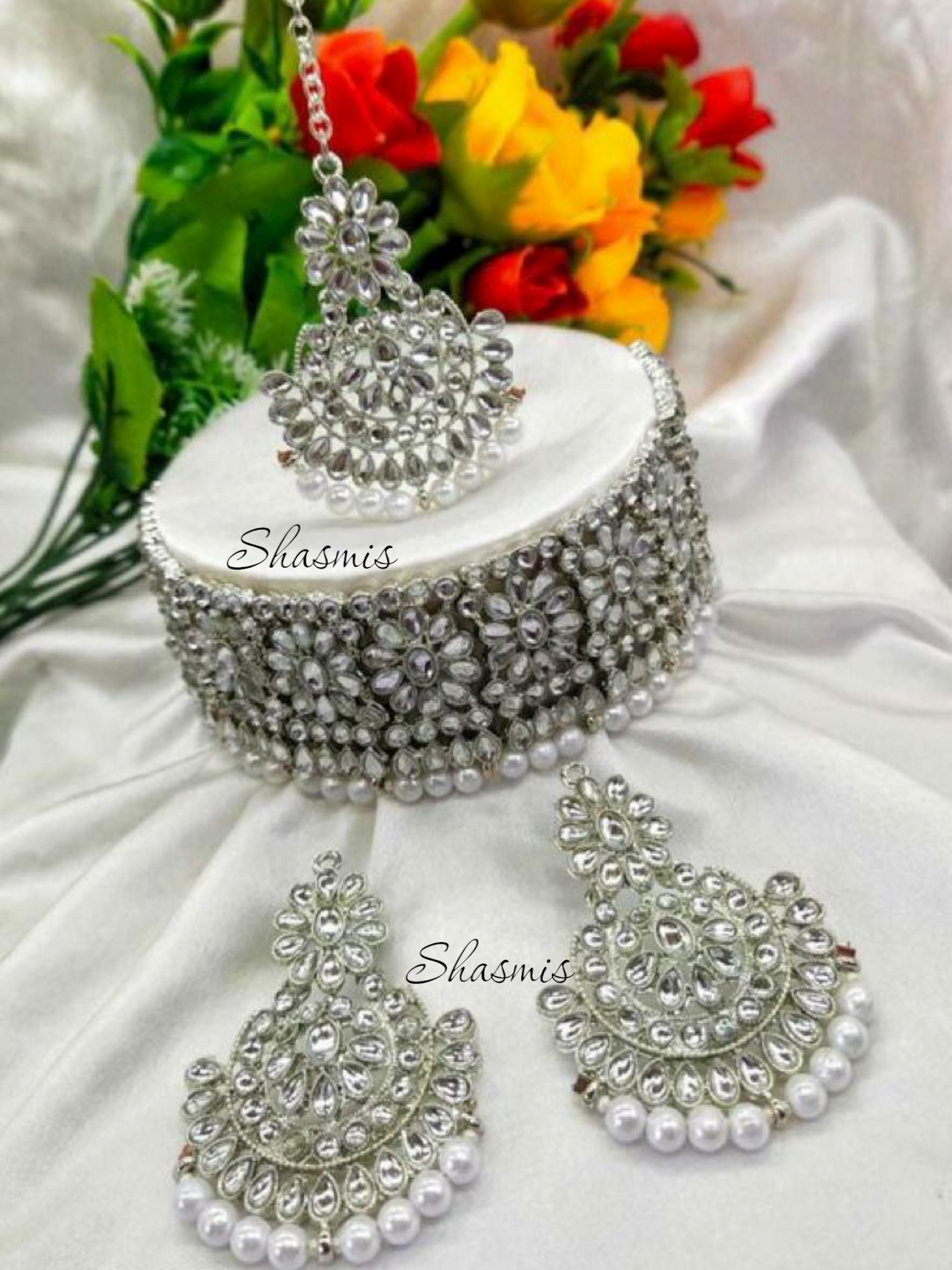 Silver Color Kundan Neck Choker With Earrings and Mangtika