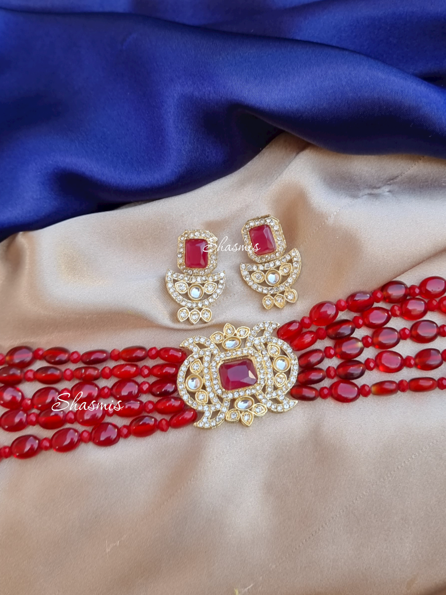 Red Beads With White Stones Necklace
