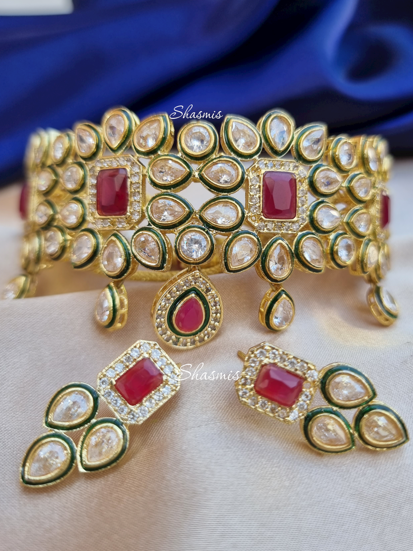White Statement Polki Necklace With Ruby Stones