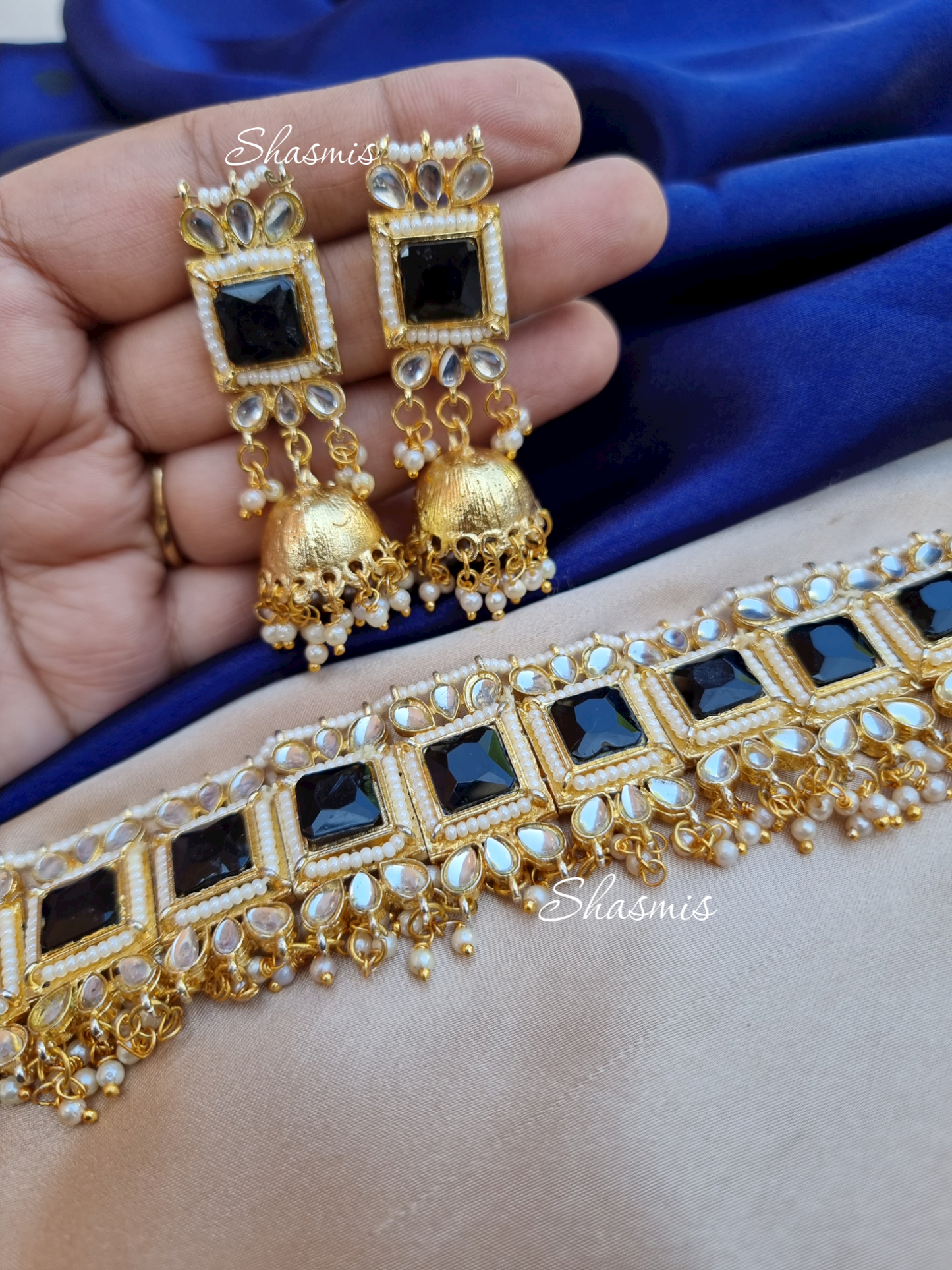 Black Stones Kundan Choker With Jhumka Earrings