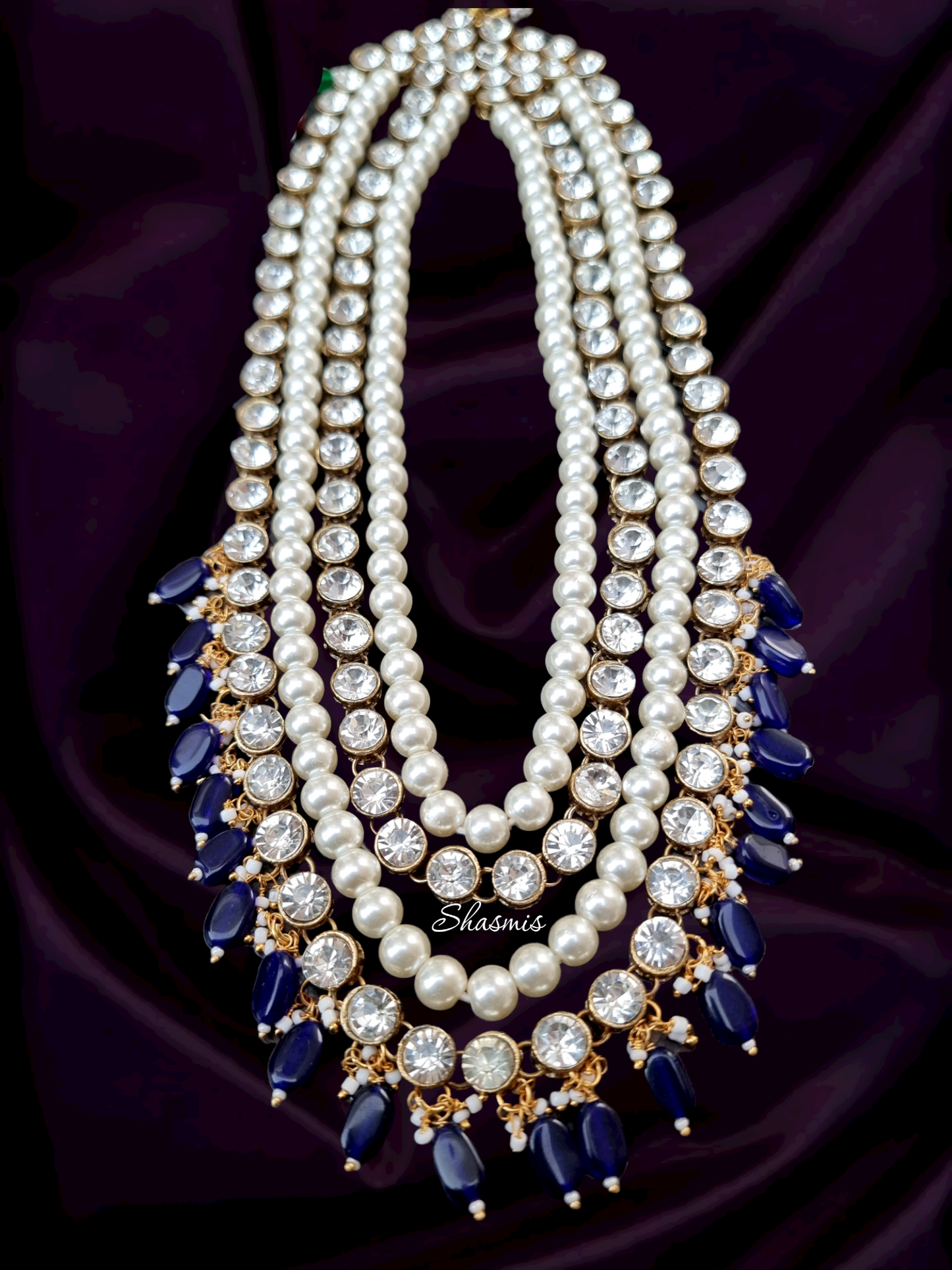 Long Layered Kundan Glass Necklace With Blue Bead On Drop