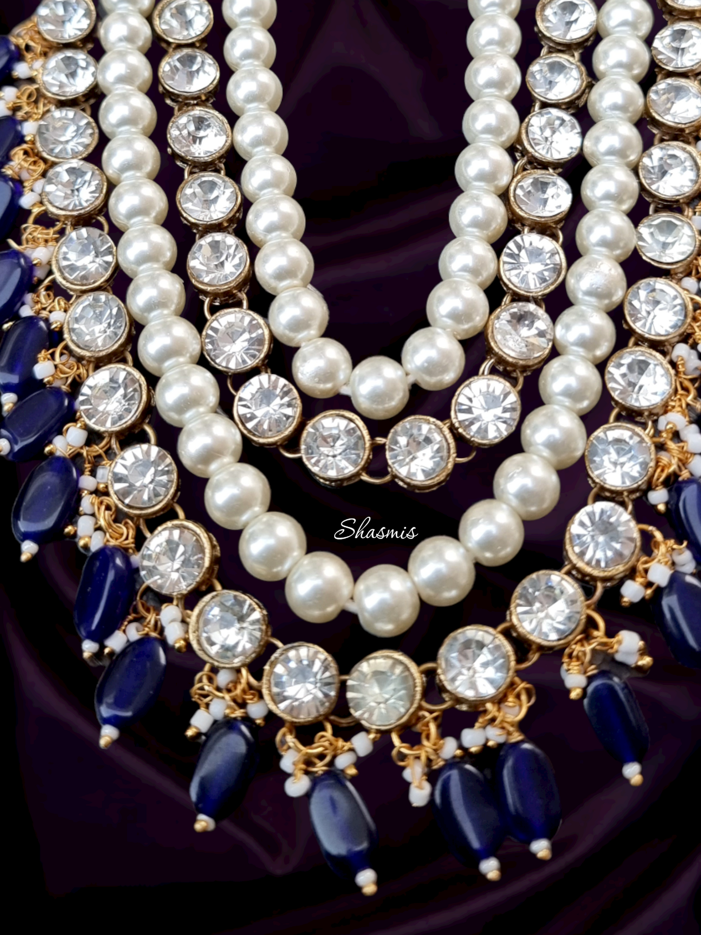 Long Layered Kundan Glass Necklace With Blue Bead On Drop