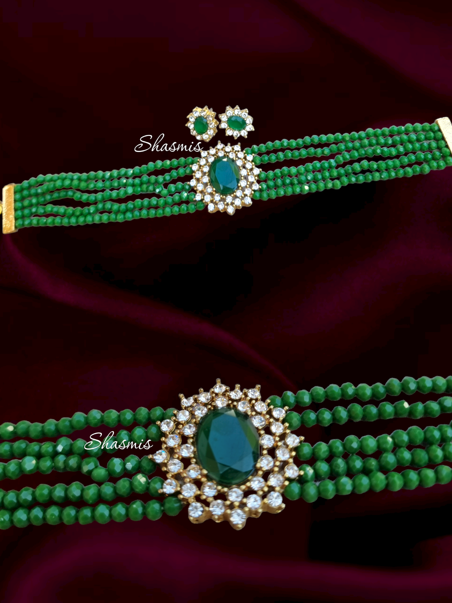 Green Beads With Green Centee Stone Necklace