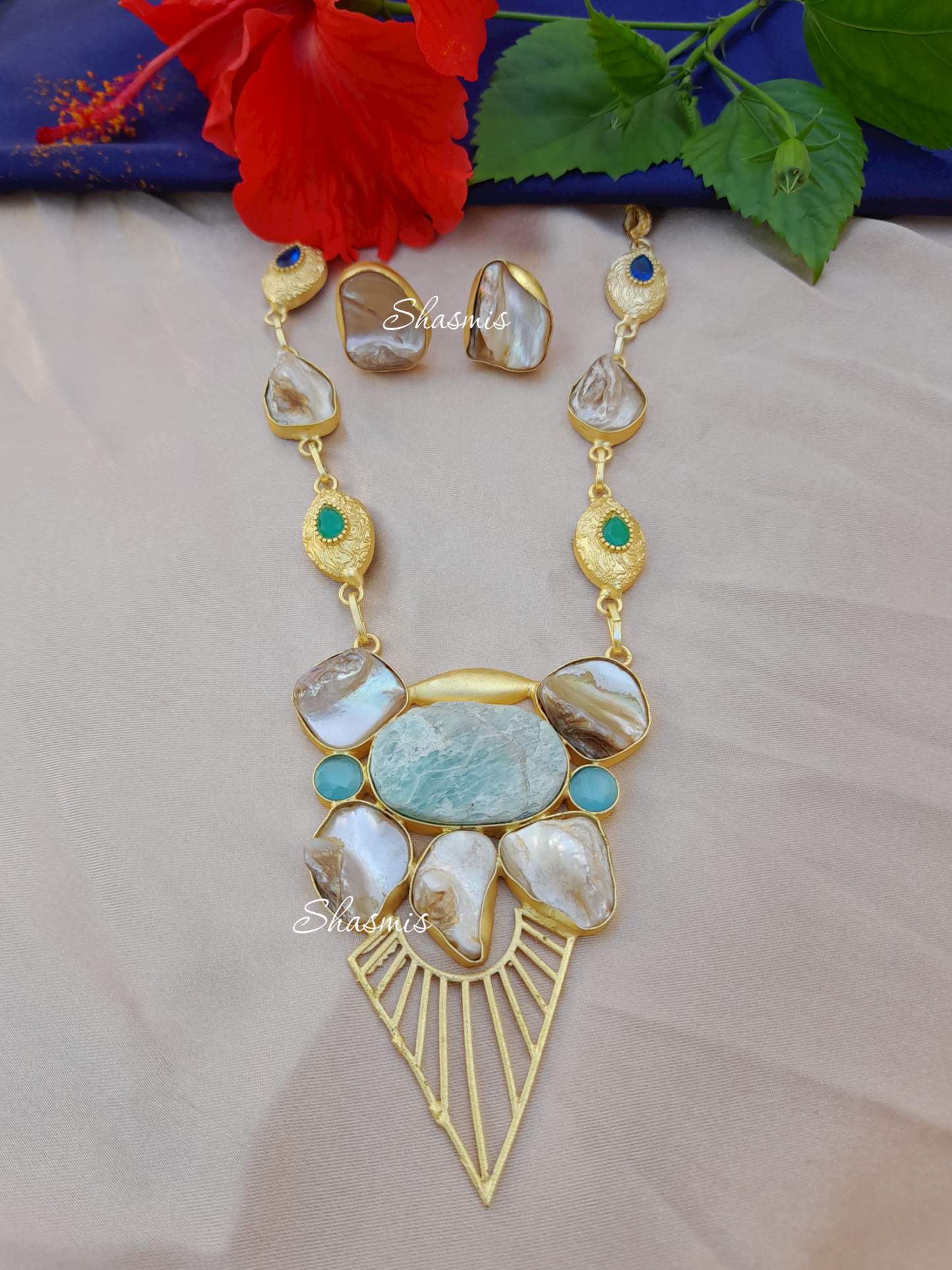 Long Mother Pearl Druzy Necklace With Earrings