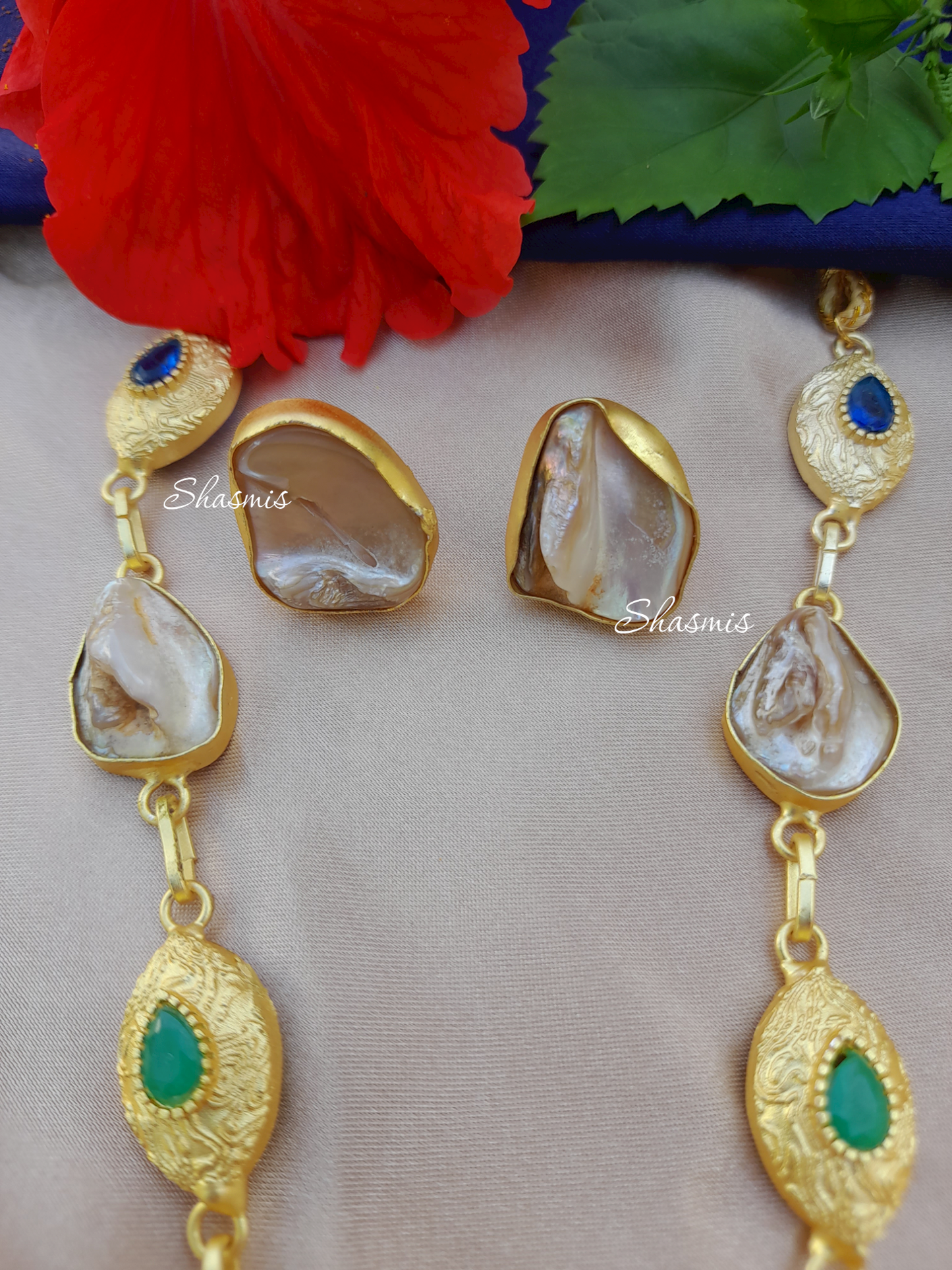 Long Mother Pearl Druzy Necklace With Earrings