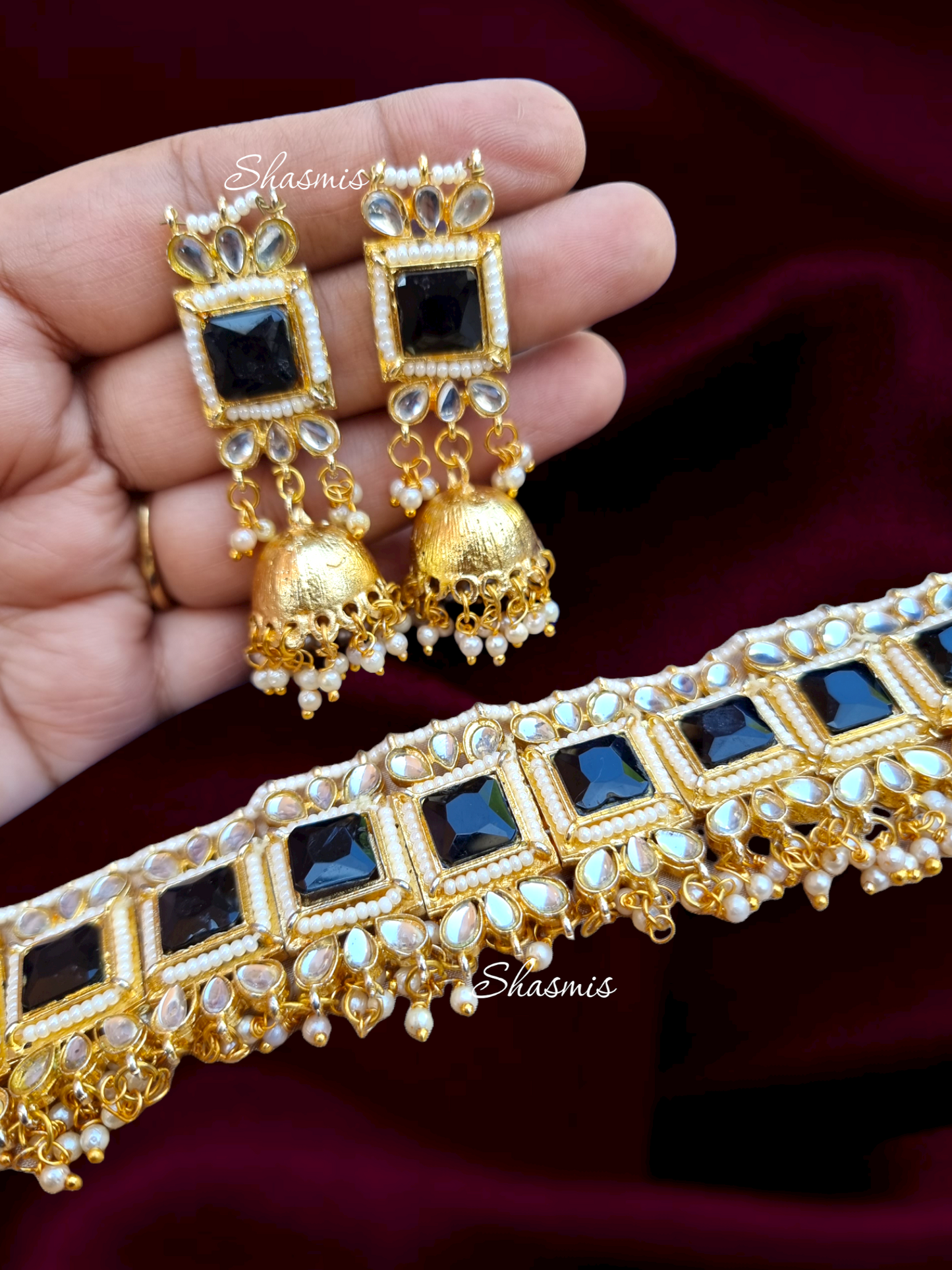 Black Stones Kundan Choker With Jhumka Earrings