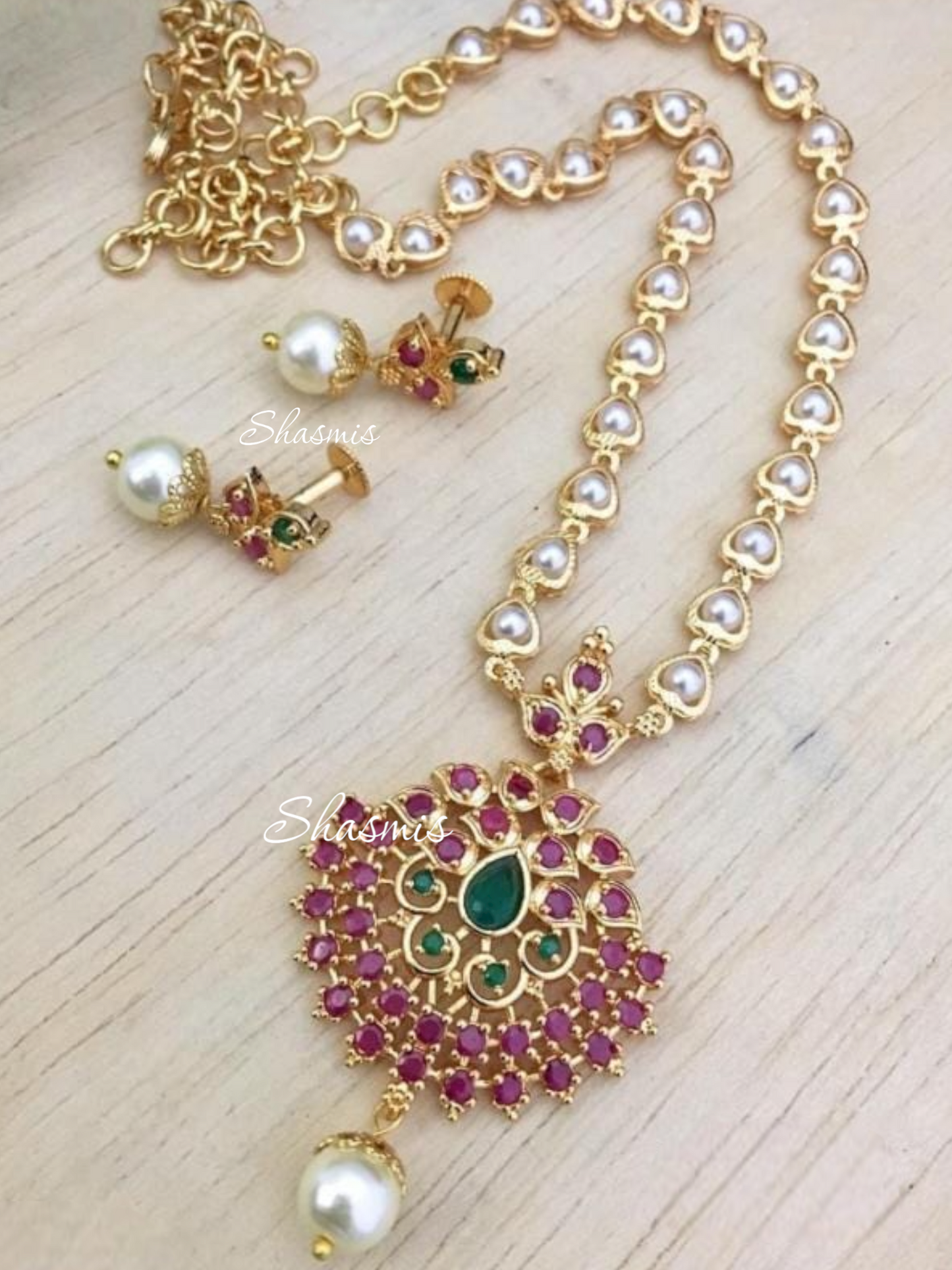 Ruby Stones Long Heart Shape Chain Temple Necklace