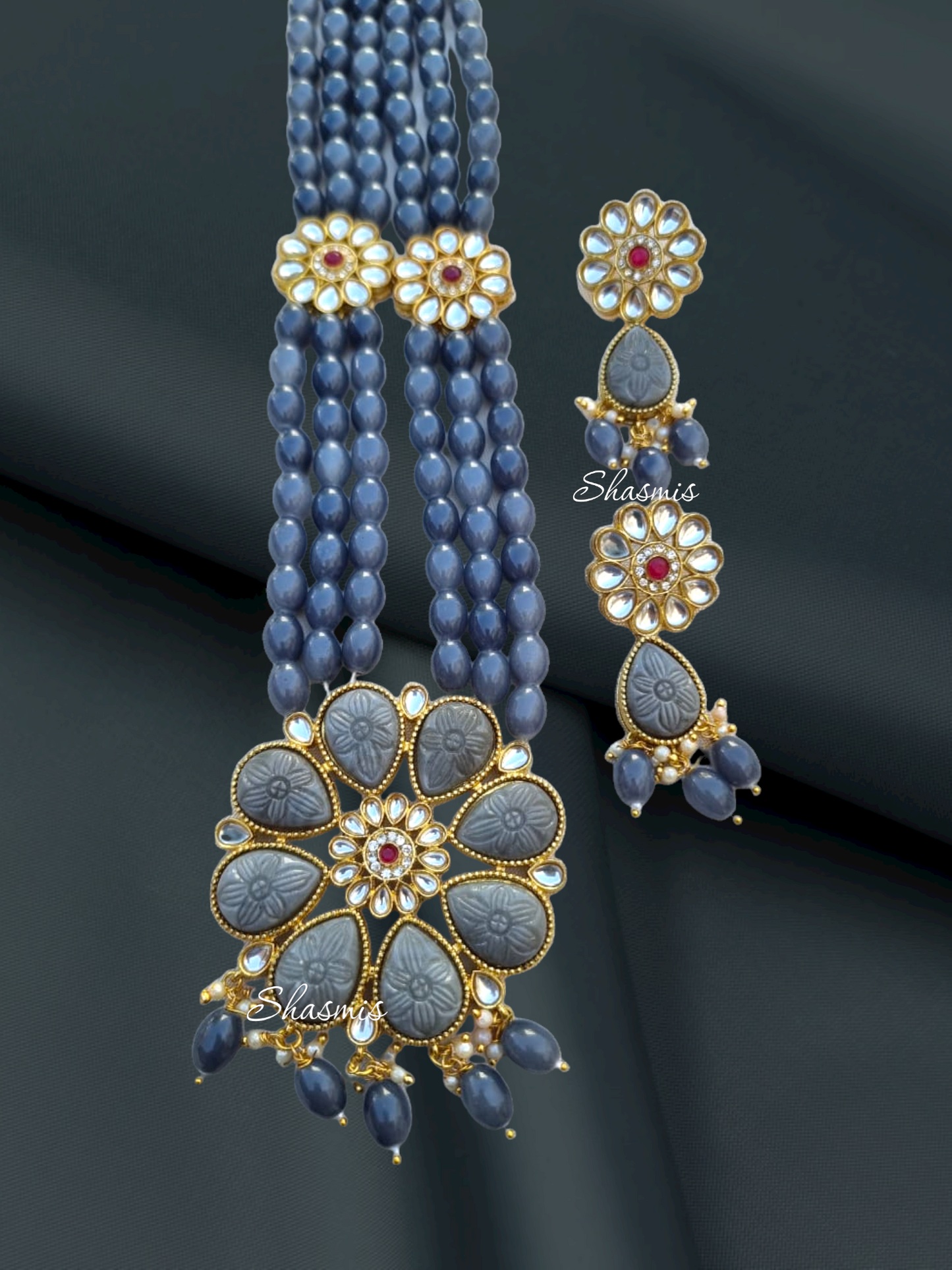 Grey Color Long Kundan Necklace