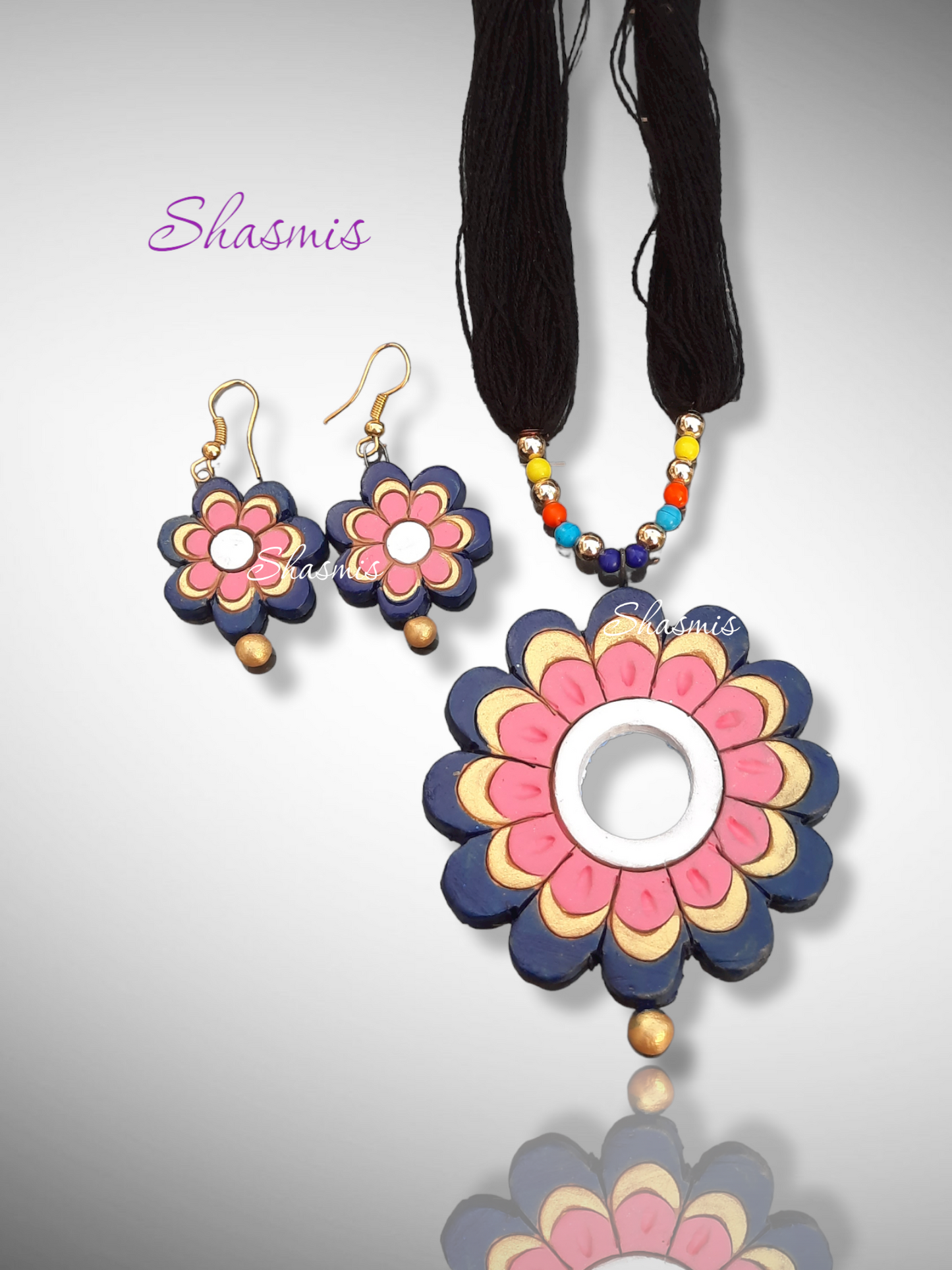 Blue and Pink Terrecotta Design Necklace With Earrings