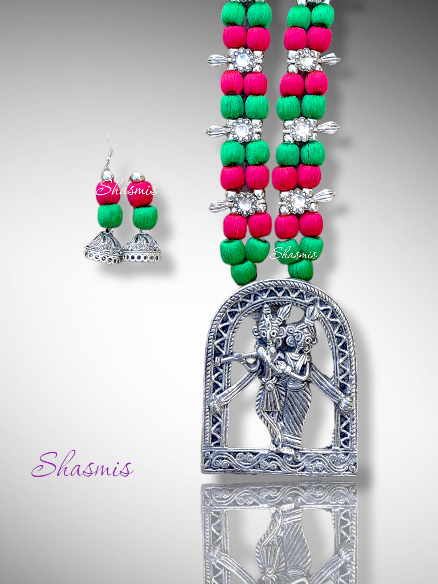Green and Pink Color Silver Idiol Long Dokra Necklace