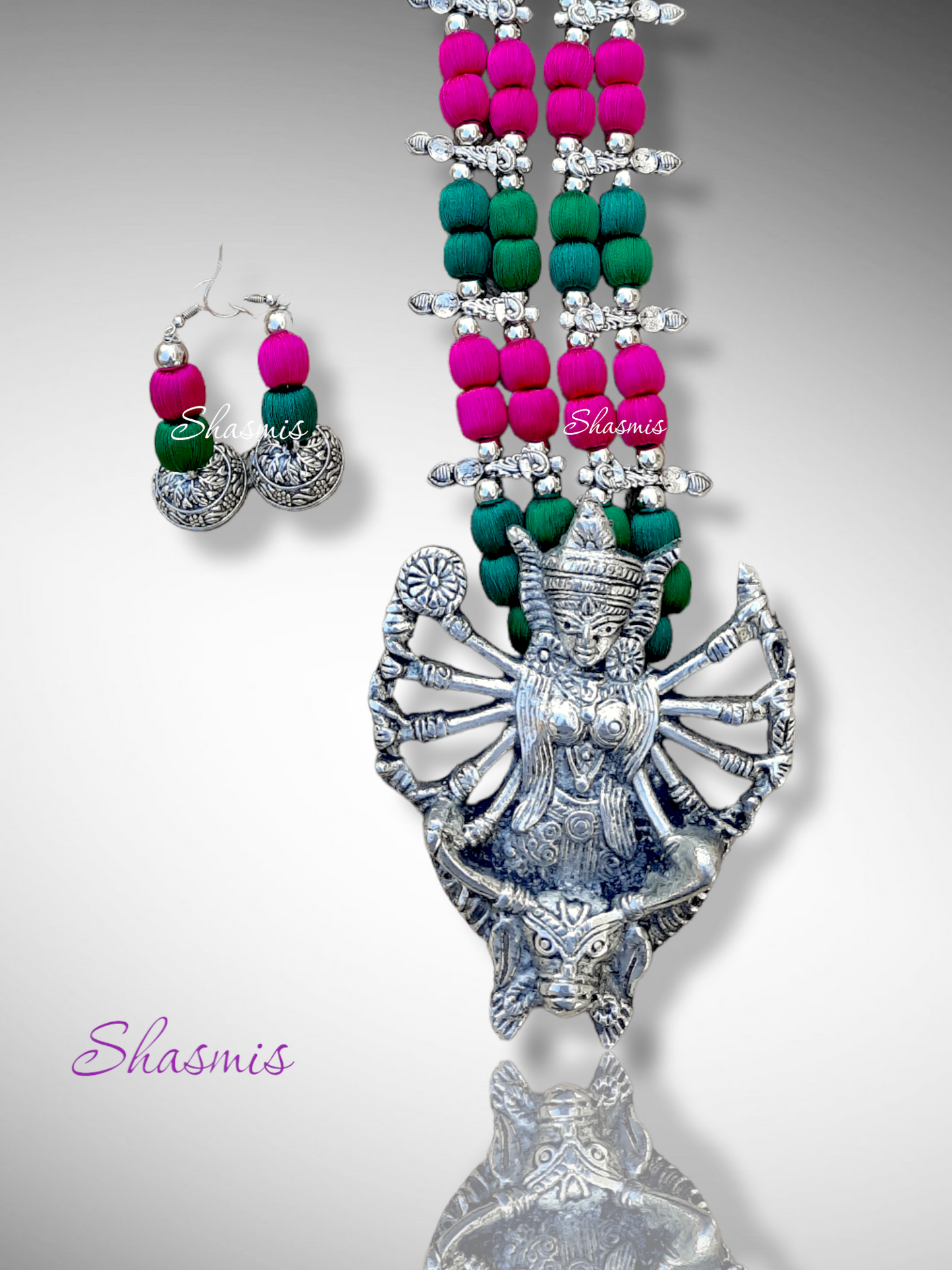 Pink and Green Ma Durga Art Necklace