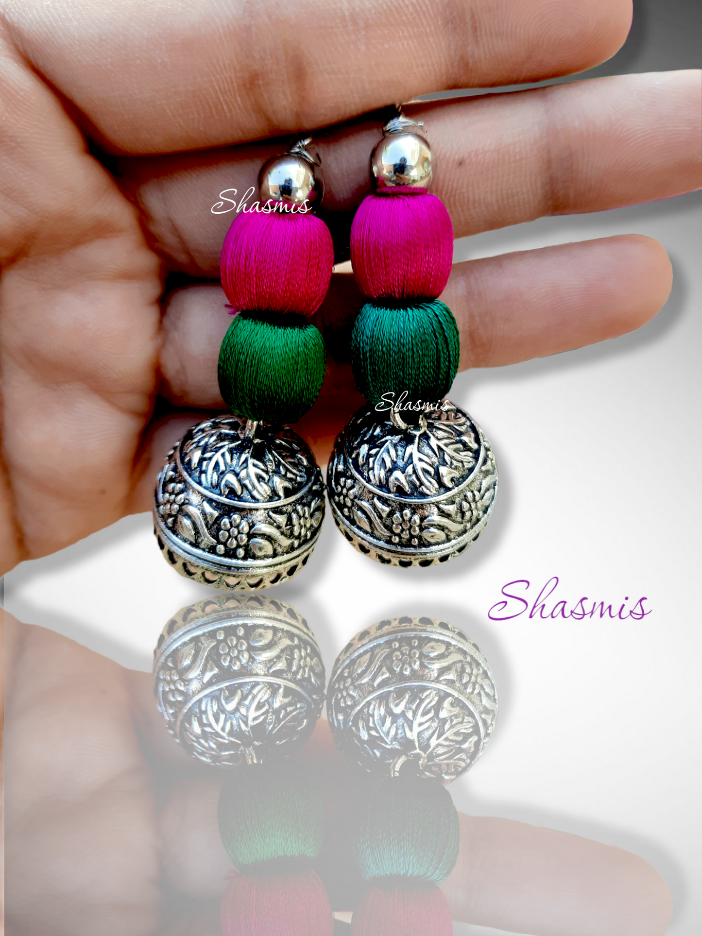 Pink and Green Ma Durga Dokhra Necklace With Earrings