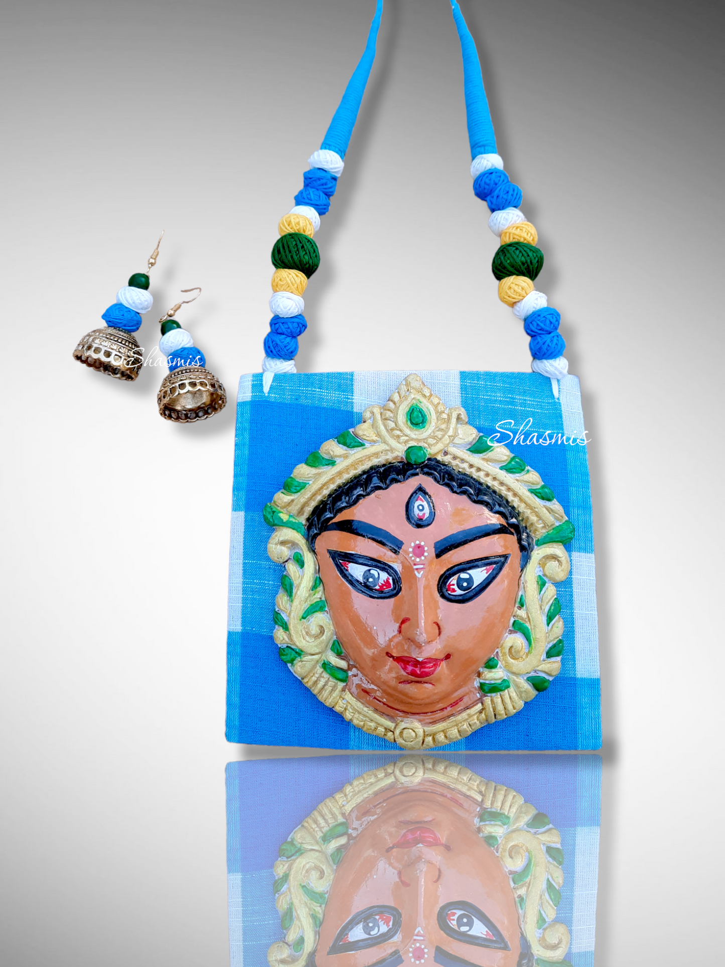Rama Blue Color Fabric With Durga Puja Art Jewellery