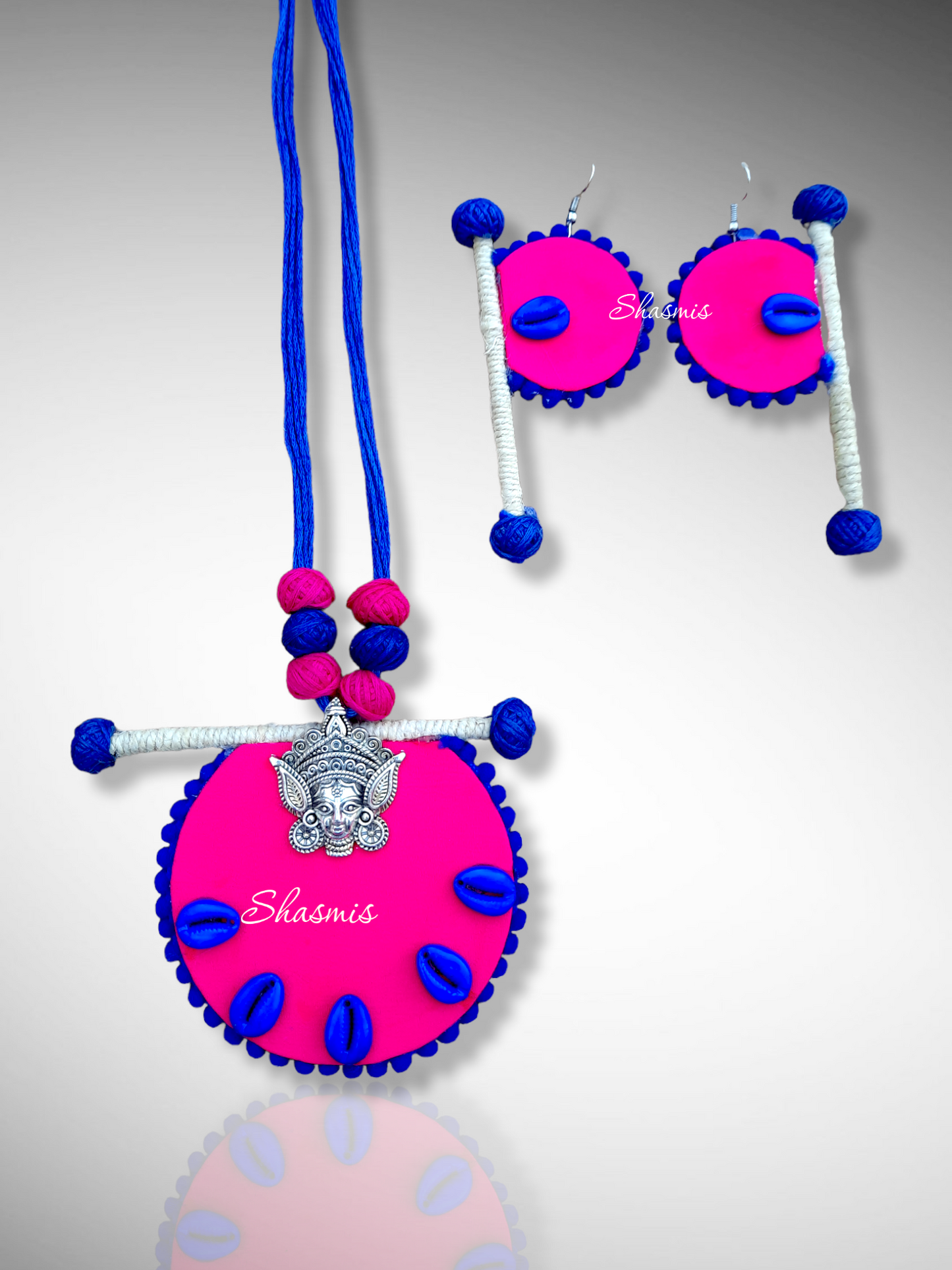 Pink and Blue with Jute Necklace And Earrings