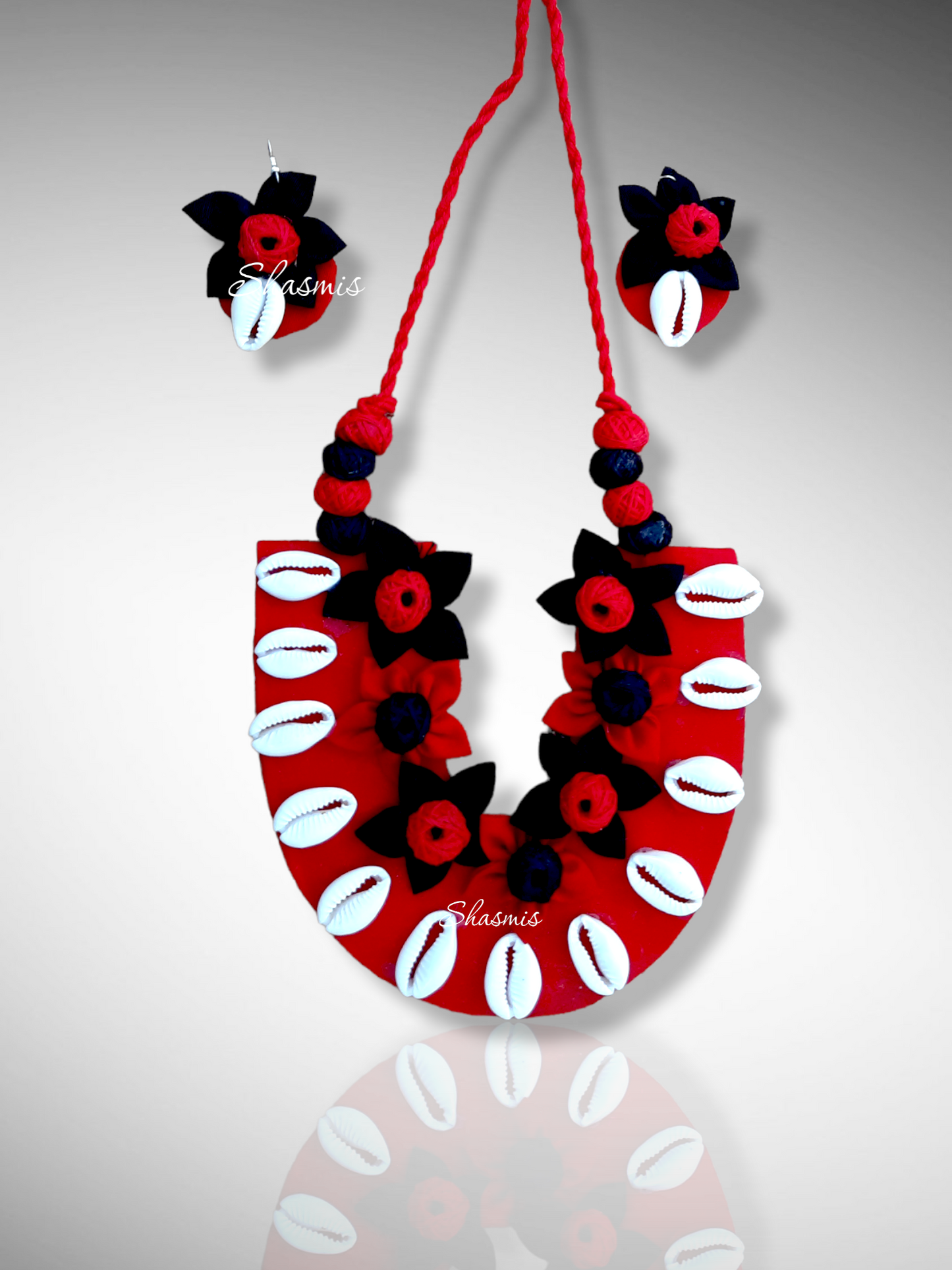 Fabric Red and Black Combination Kaudi Work Necklace