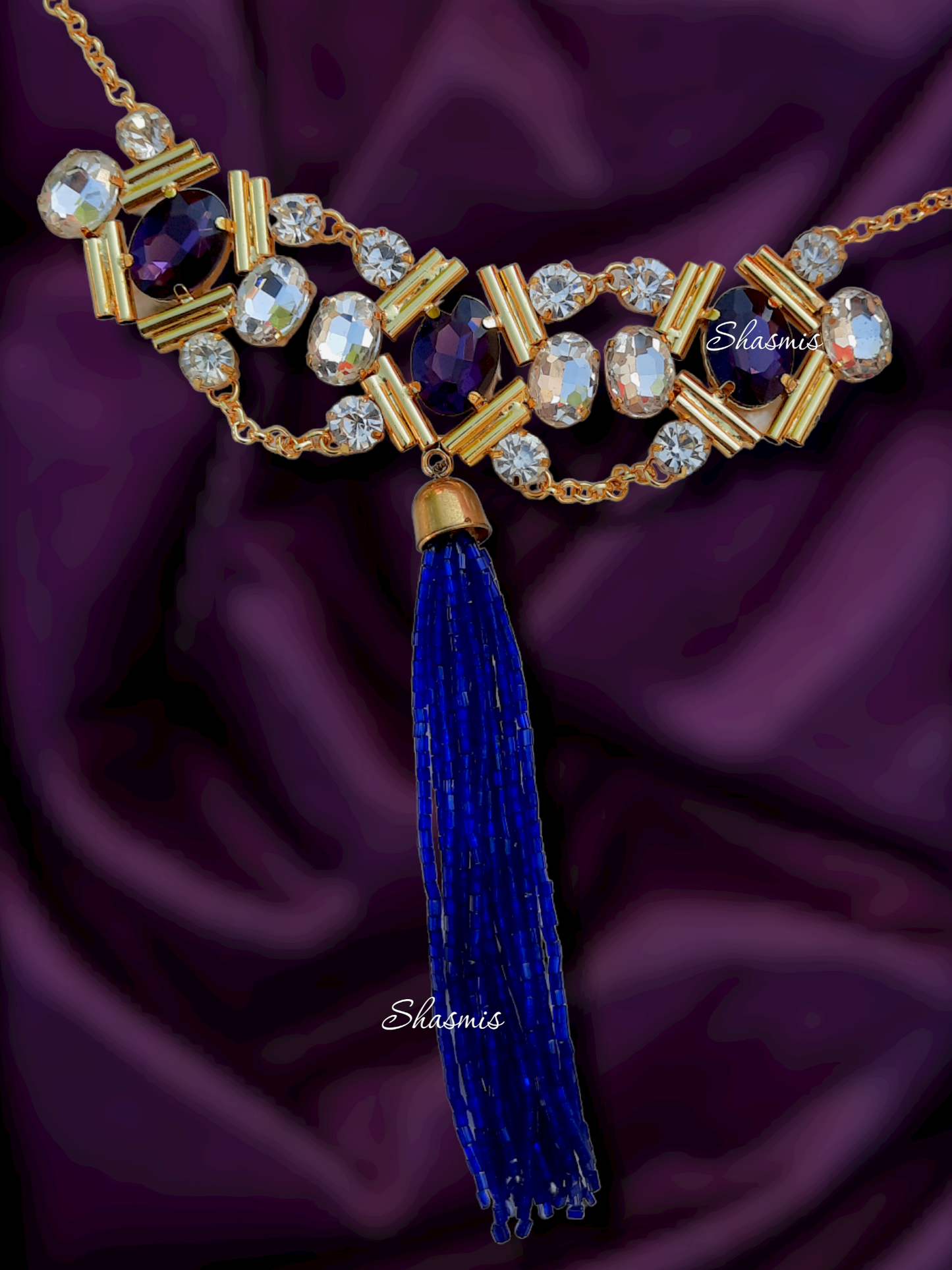 White Stone With Blue Sequence Drop Necklace