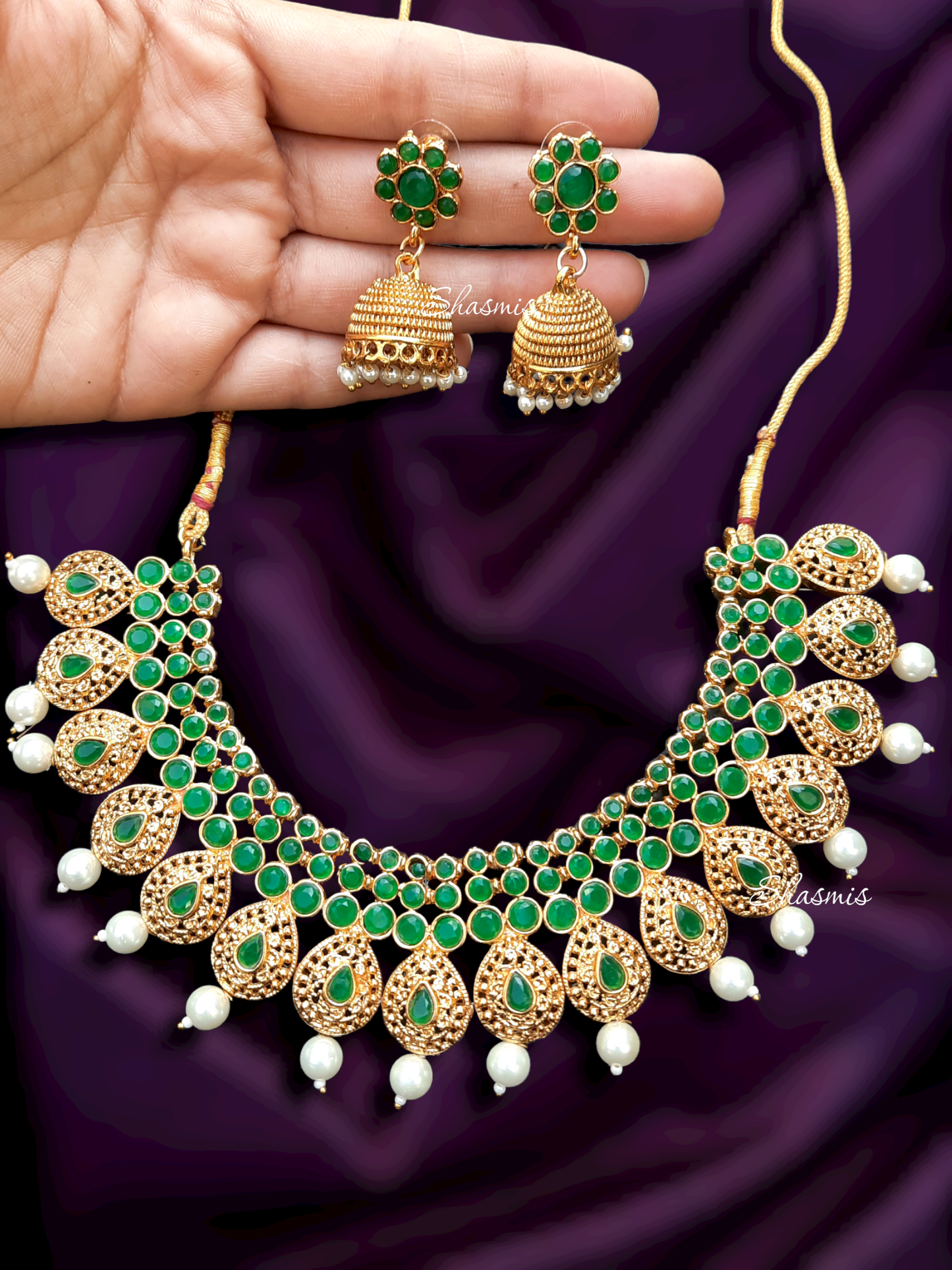 Green Color Stone Statement Temple Necklace