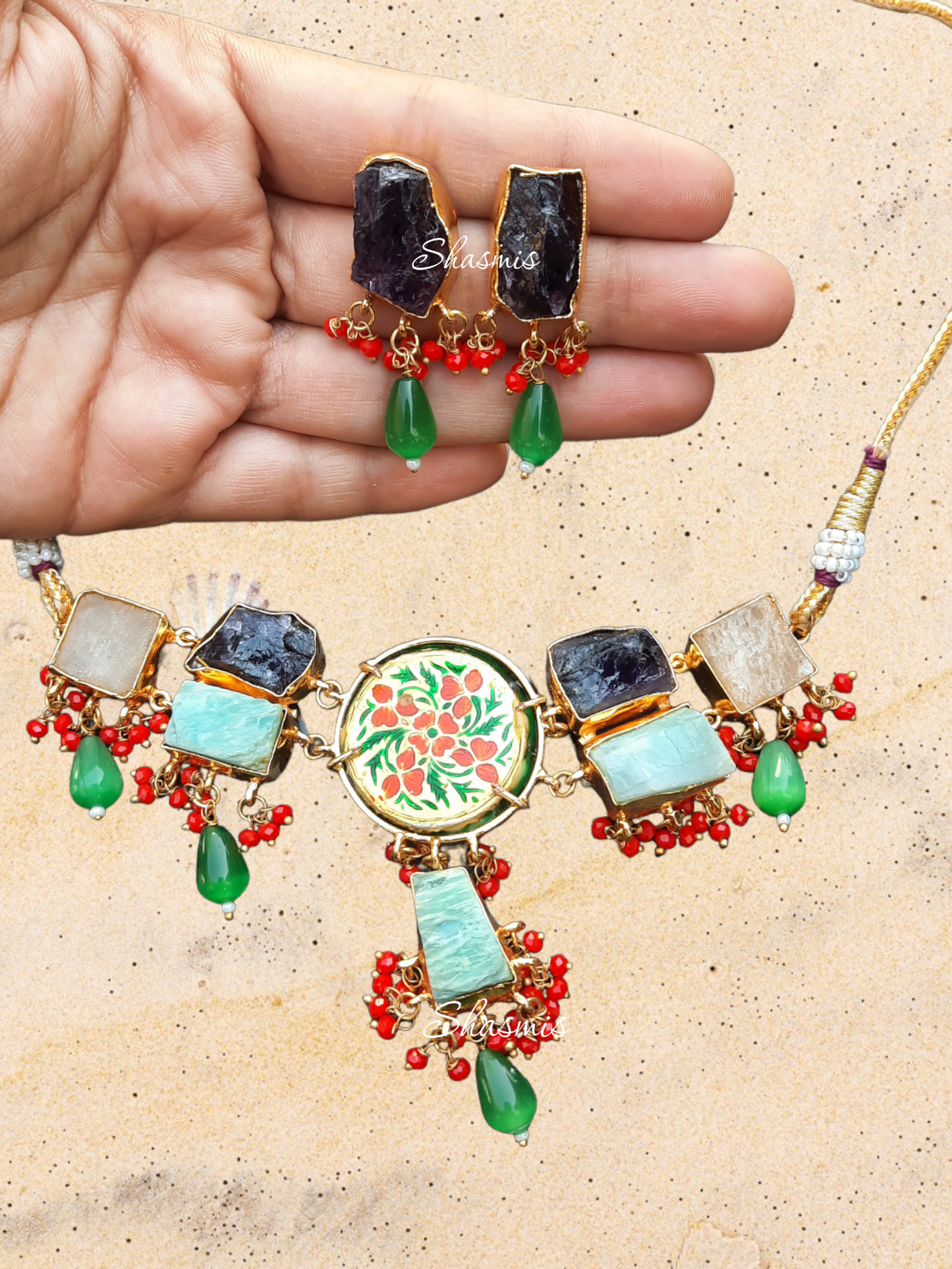 Druzy Stones With Pearls On Drop Necklace With Earrings