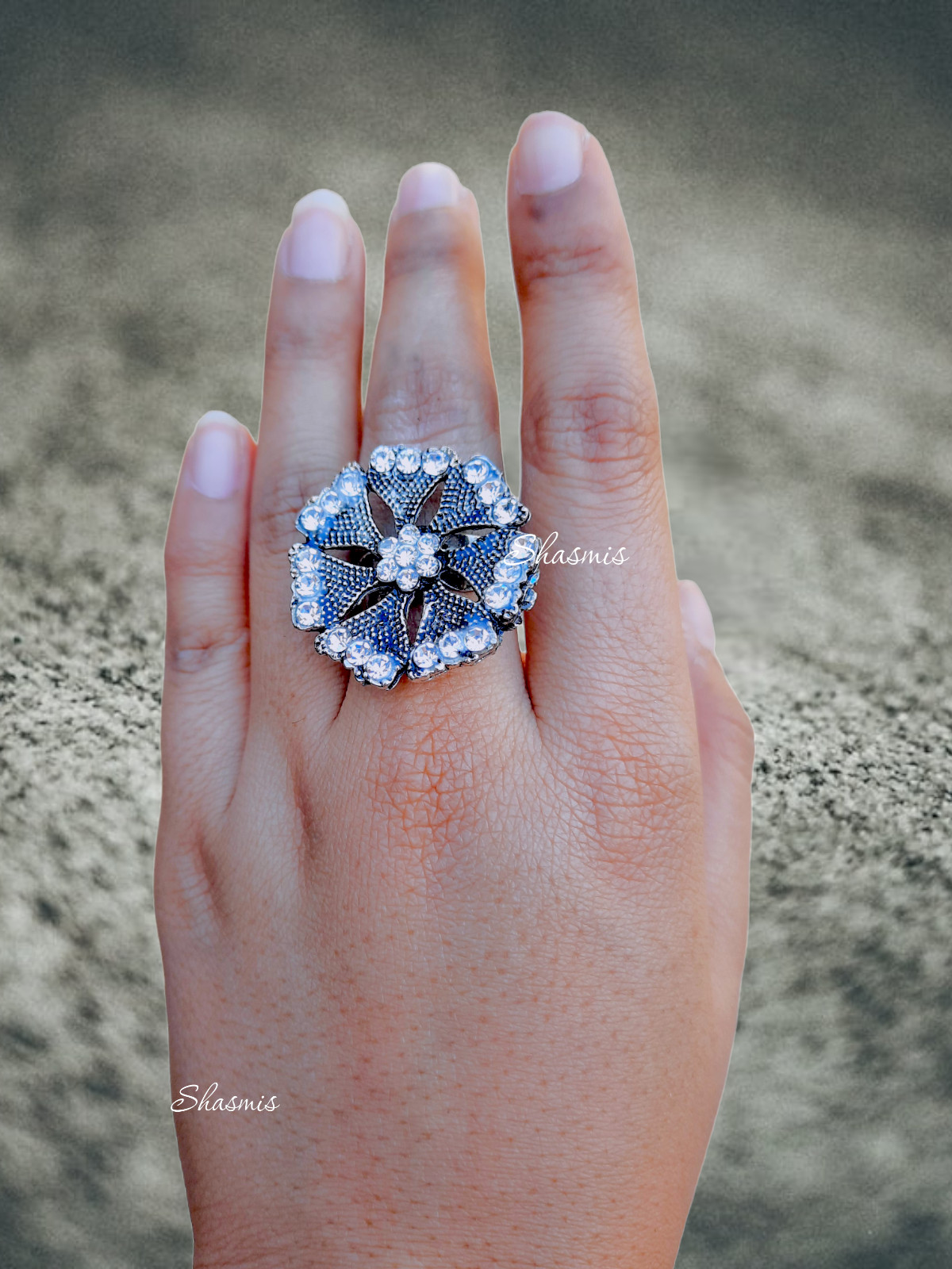 Flower Design With Silver Diamonds Ring