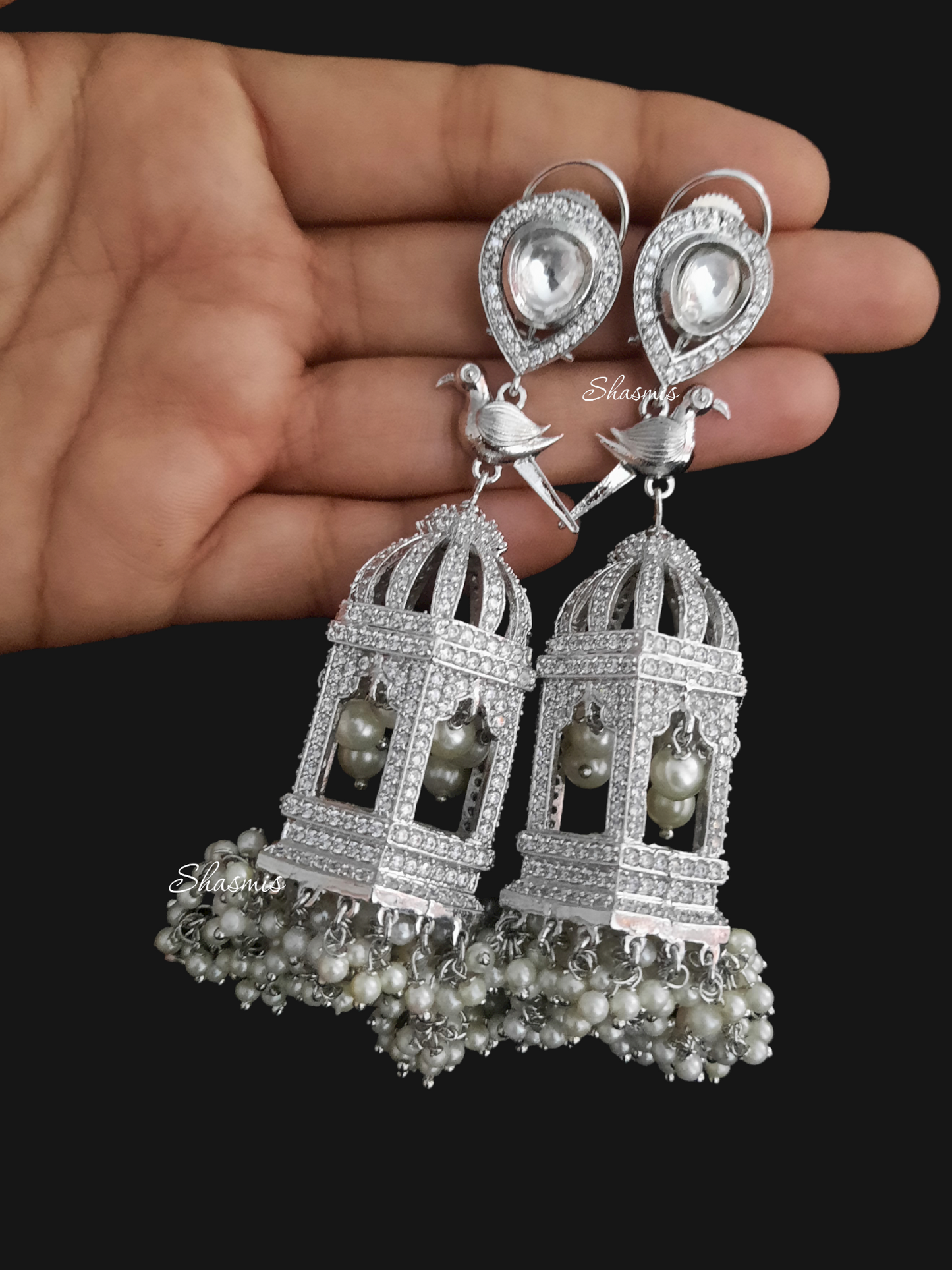 Diamond Cage Earrings With Parrot On Top and Pearls On Drop