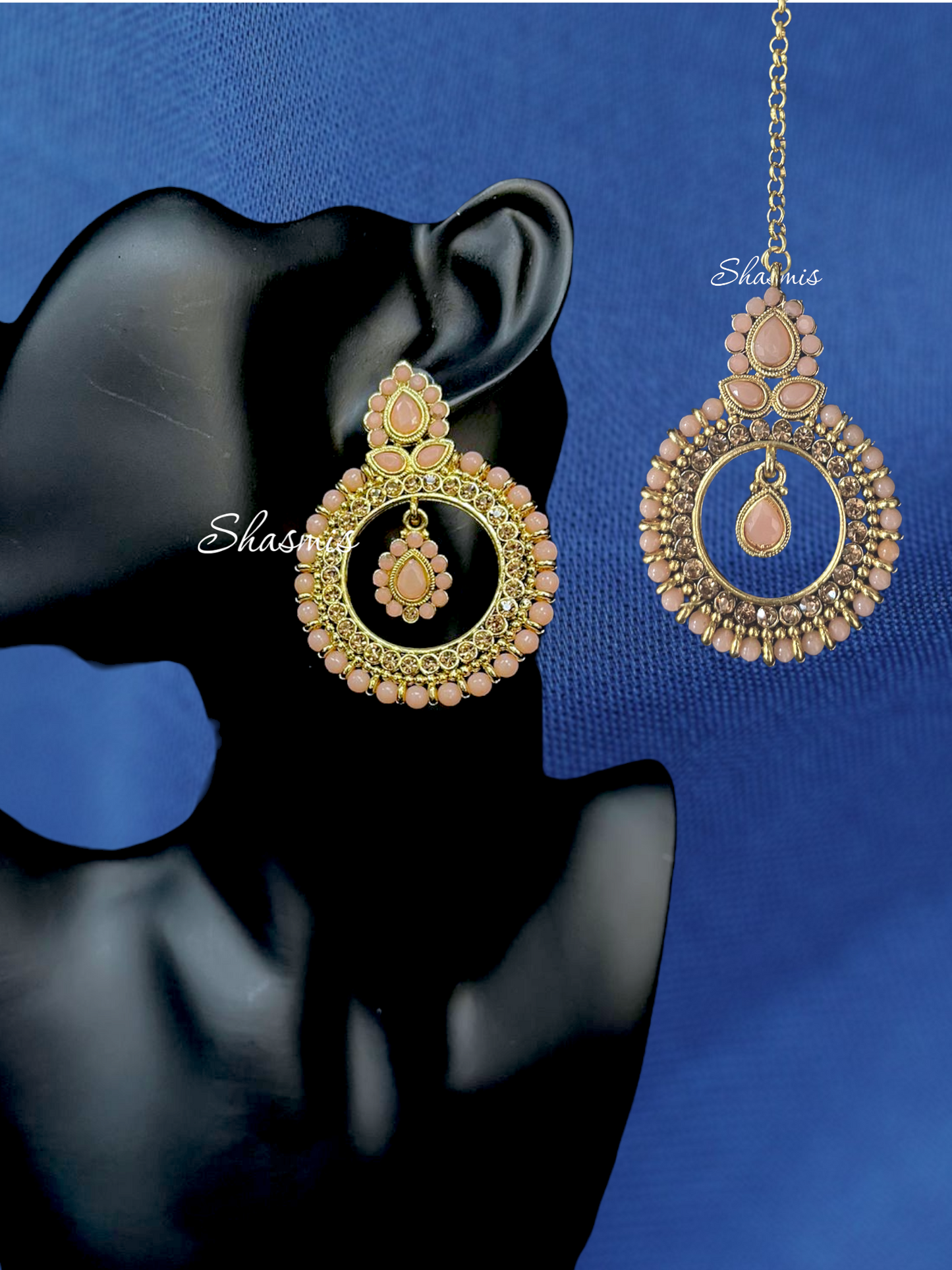 Peach Color With Campaign Stone Earrings and Mangtika