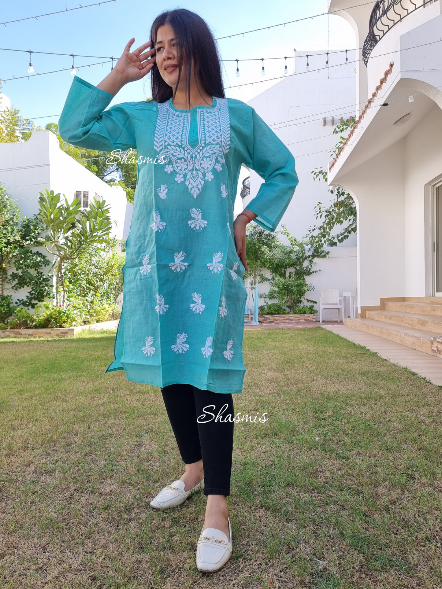 Sky Blue Color Kurti With Chikankari Work