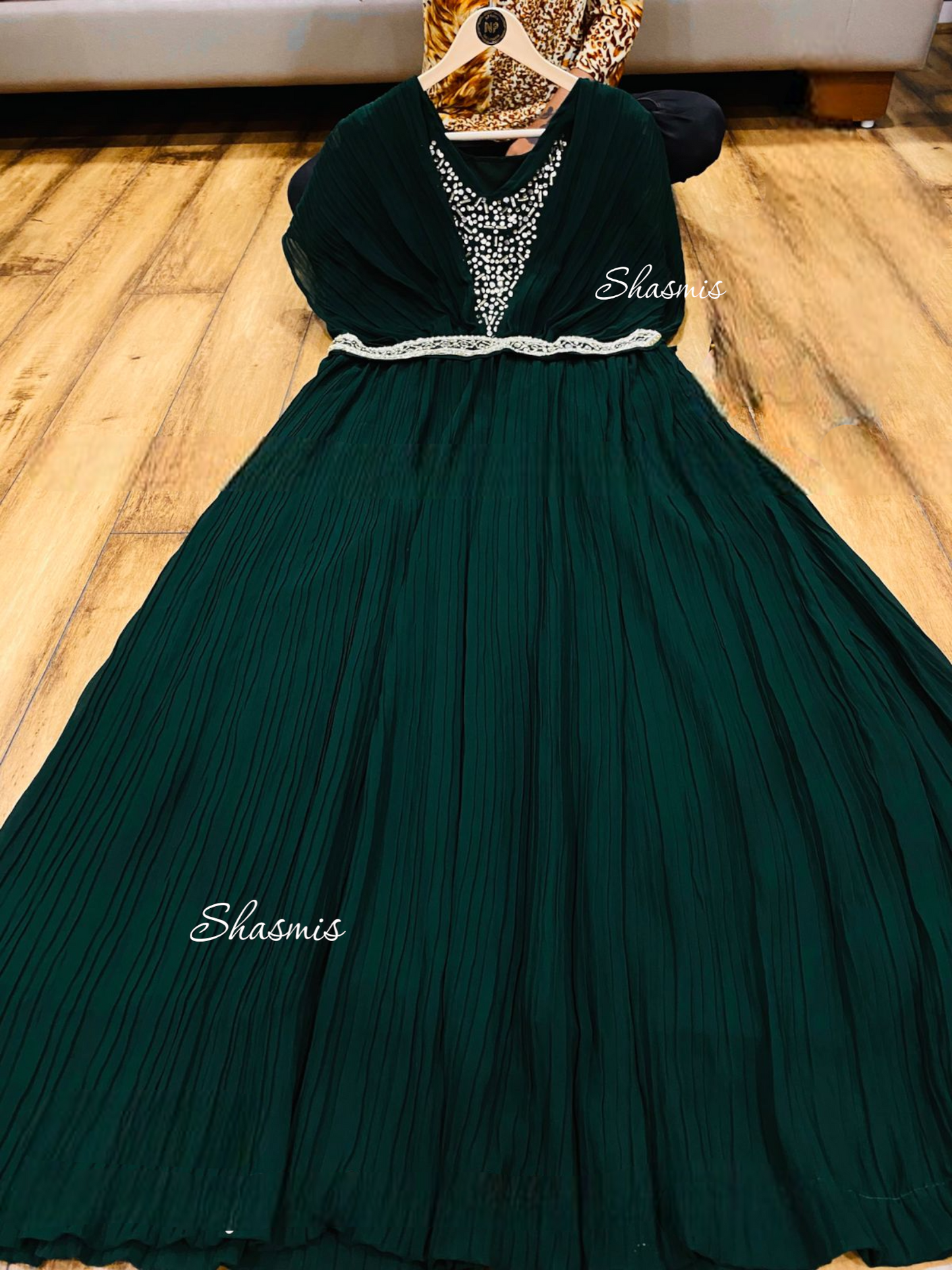 Green Color Long Gown With Sequence Work
