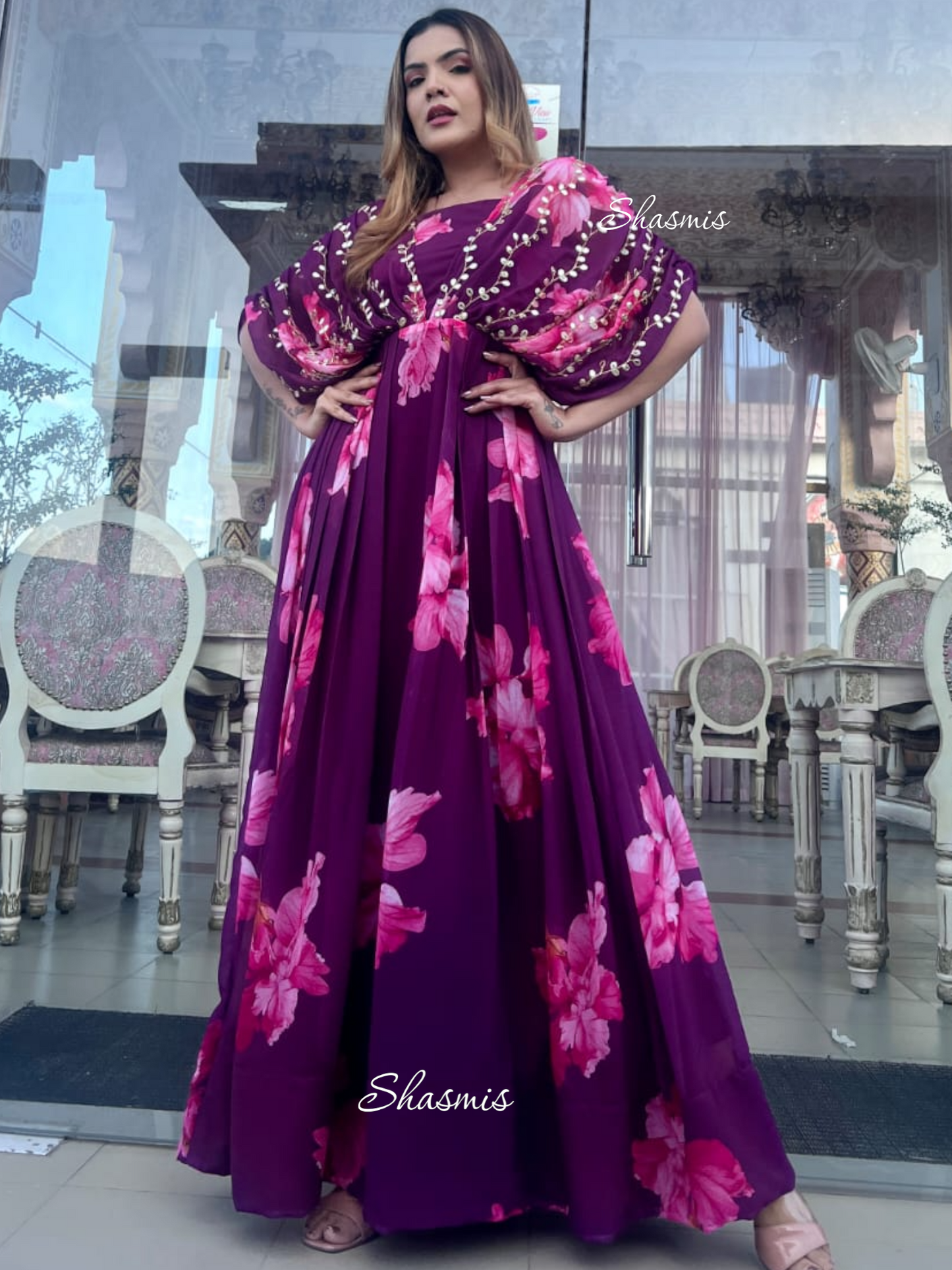 Purple Color Floral Dress With Ruffle Hand