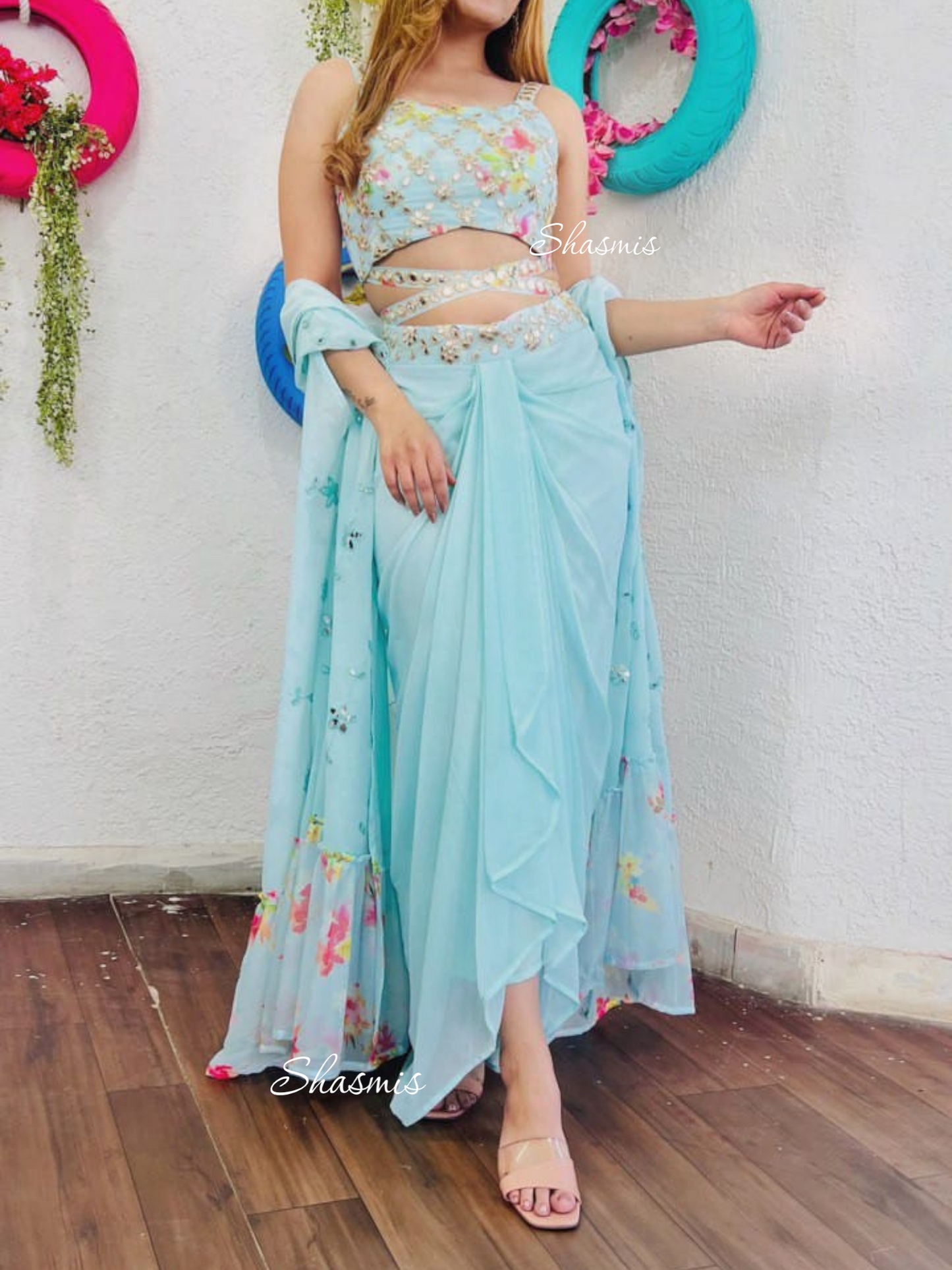 Sky Blue Color Dhoti Dress With Design and Sequence Work On Choli