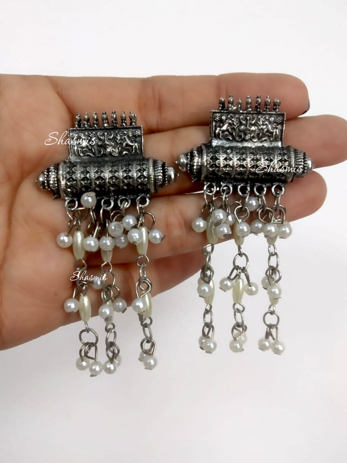 Long Drop Silver necklace With Pearls and Ghungroo On Drop with Earrings