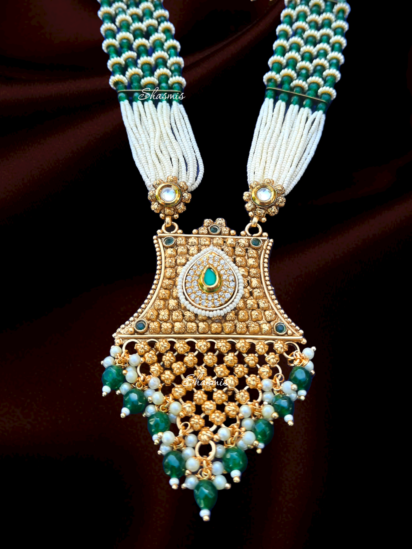 Long Green Pearls Necklace and Earrings