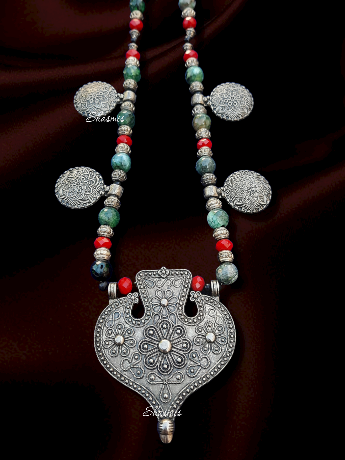 Long Silver Design Oxidised Necklace