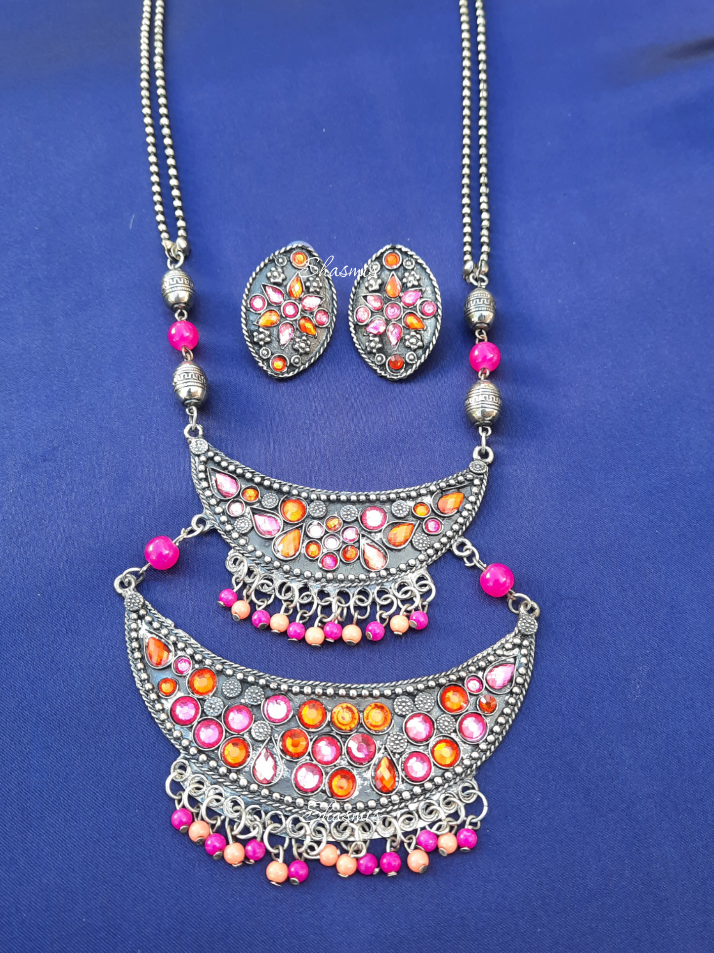 Pink and Orange Double Oxidised Pendent Necklace