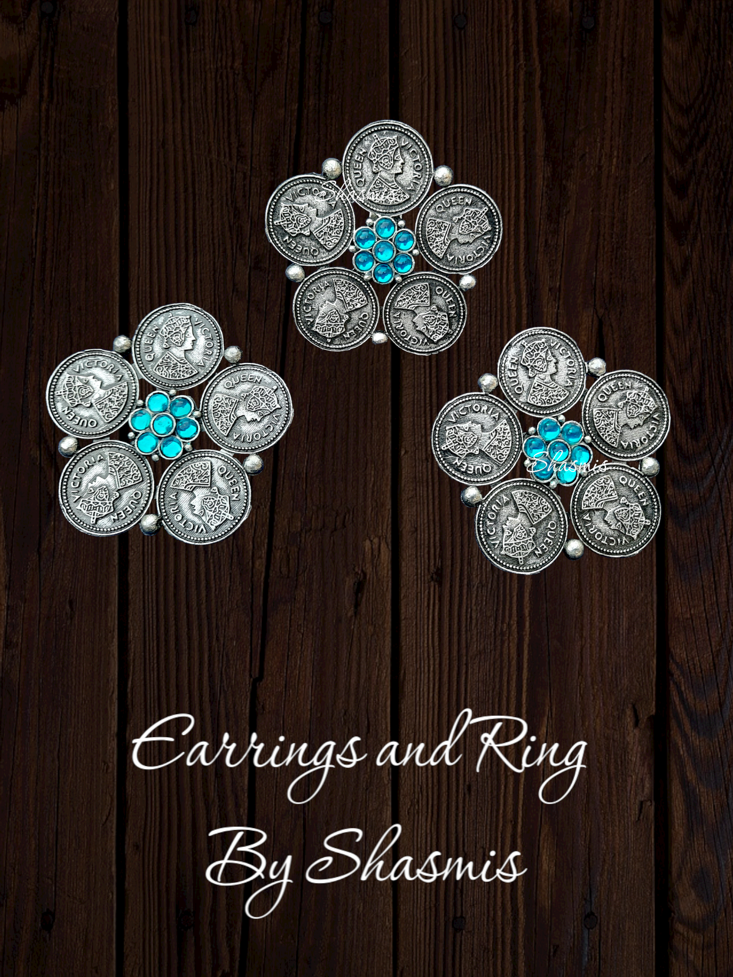 Silver Oxidised Ring With Queen Design and Earrings