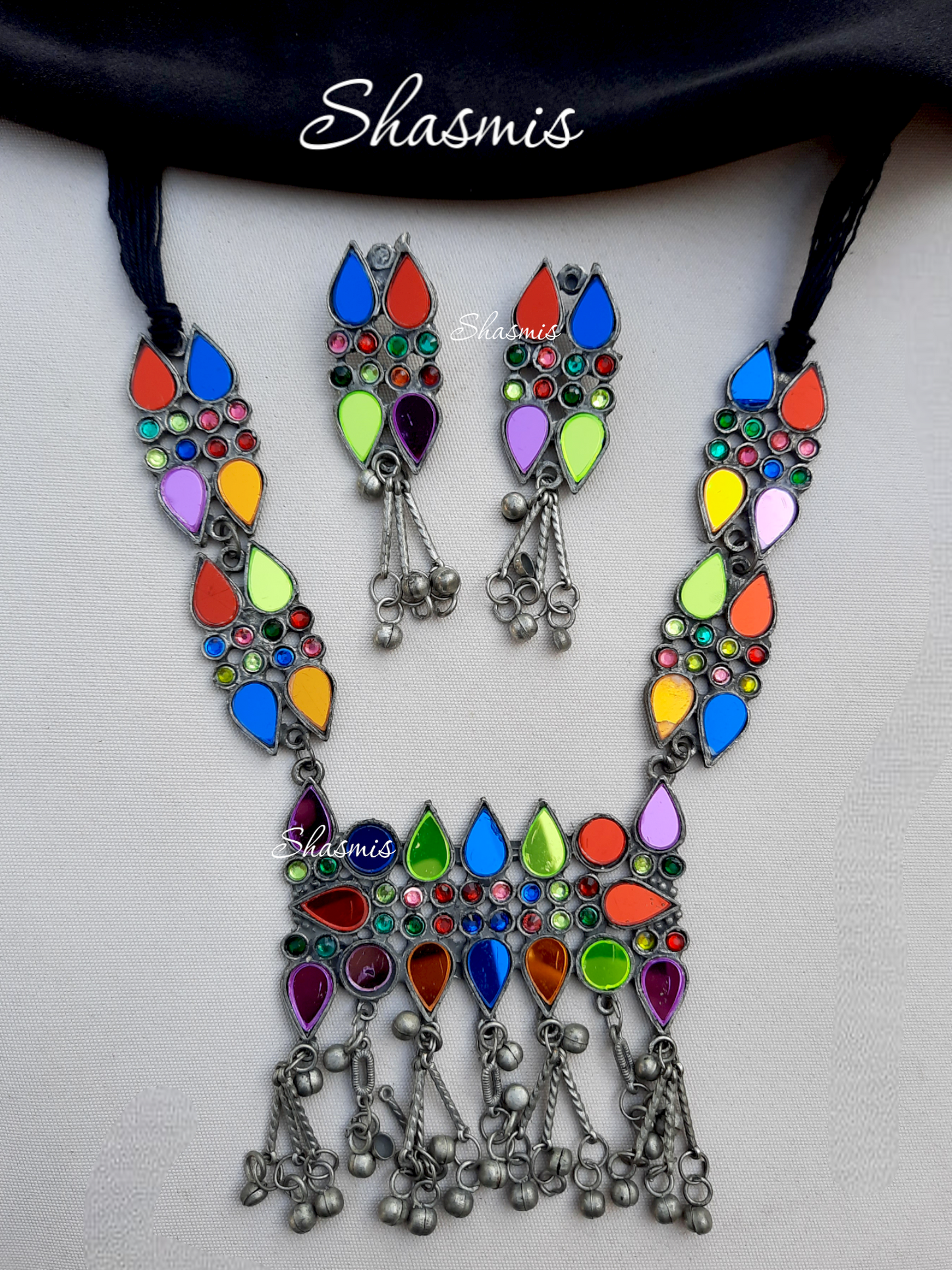 Long Afghani Multicolor Sequence Necklace With Earrings