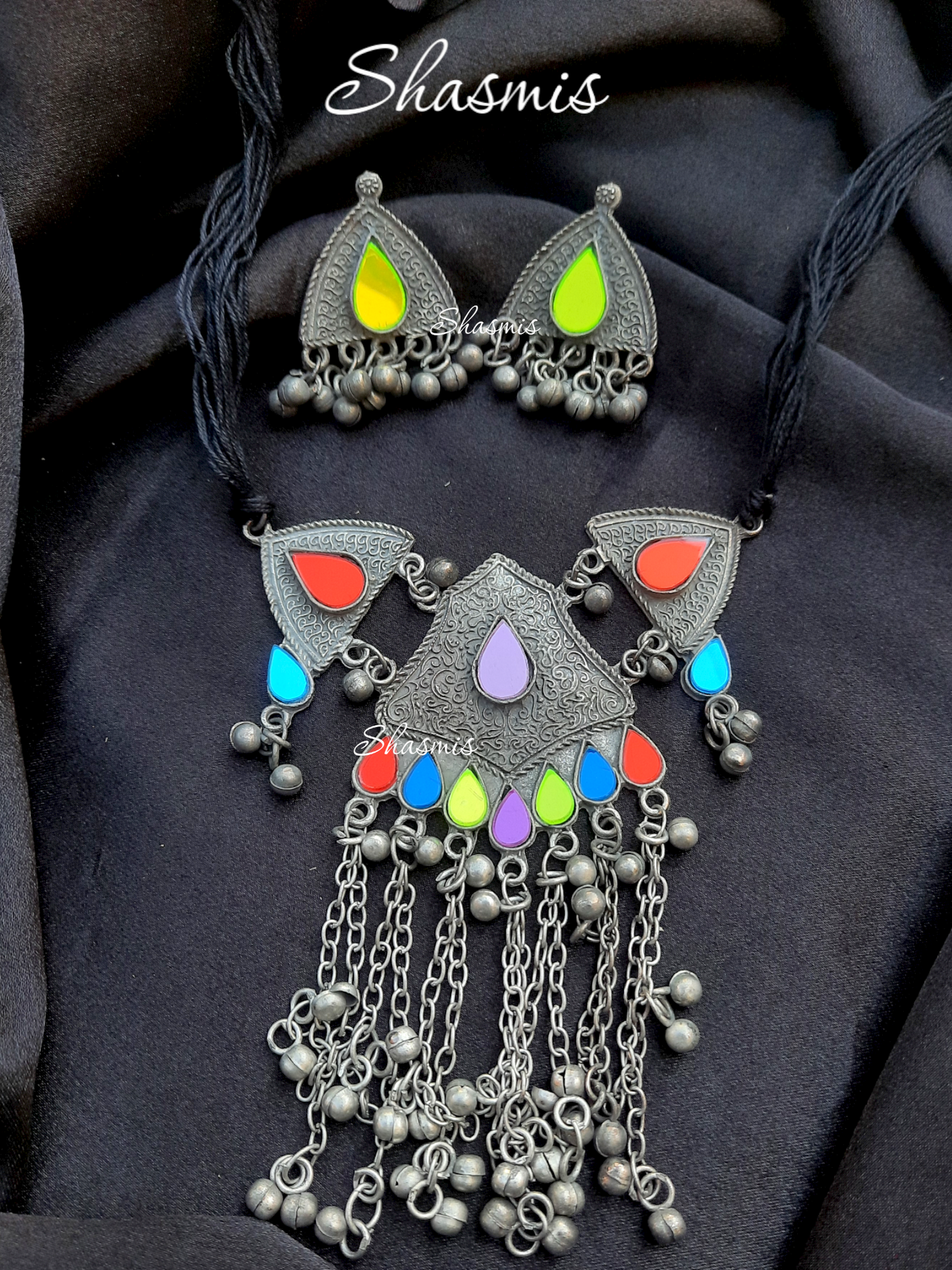 Afghani Choker With Long Ghungroo On Drop And Earrings