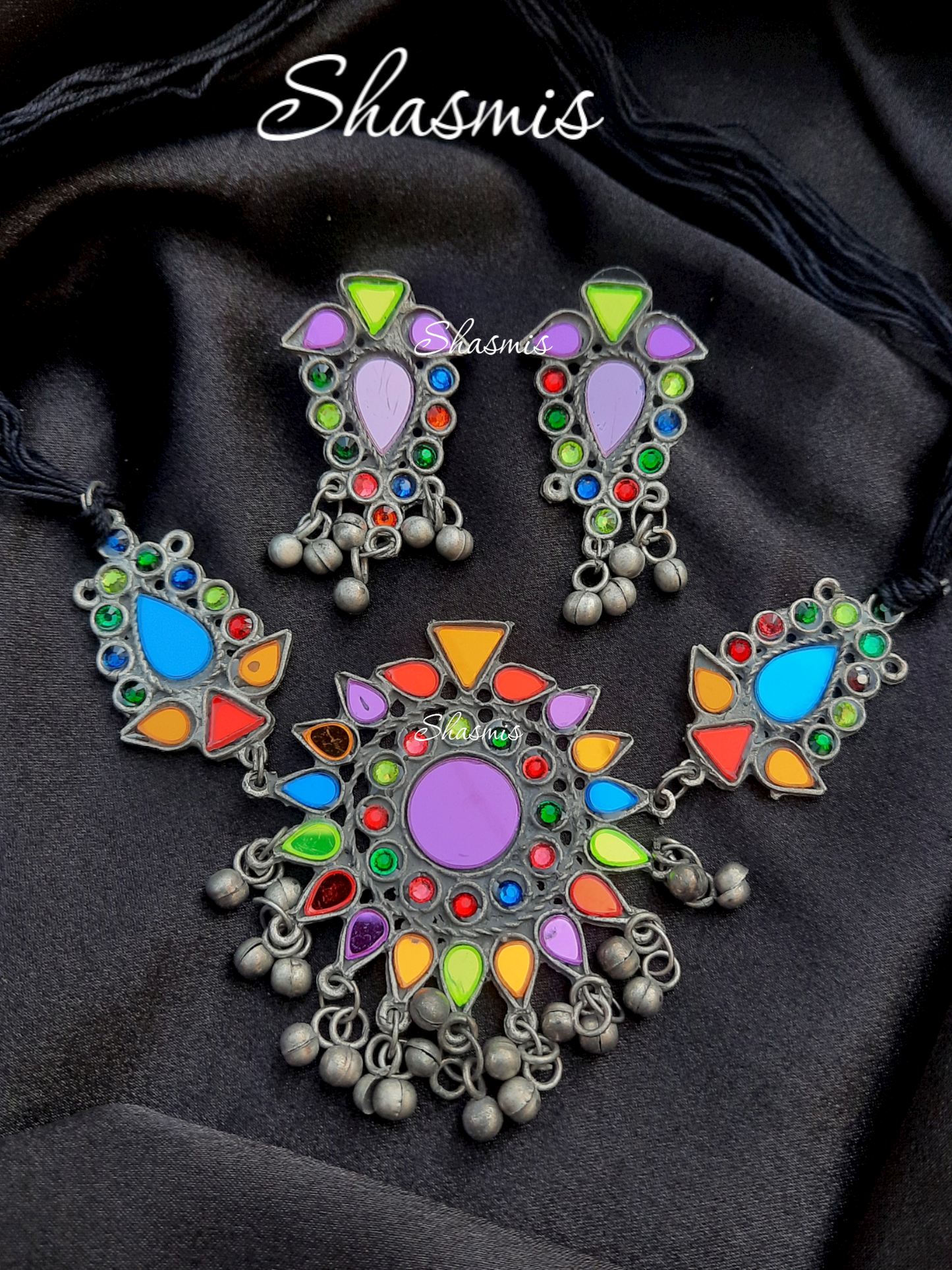 Purple Color Centre Sequence Afghani Choker With Earrings