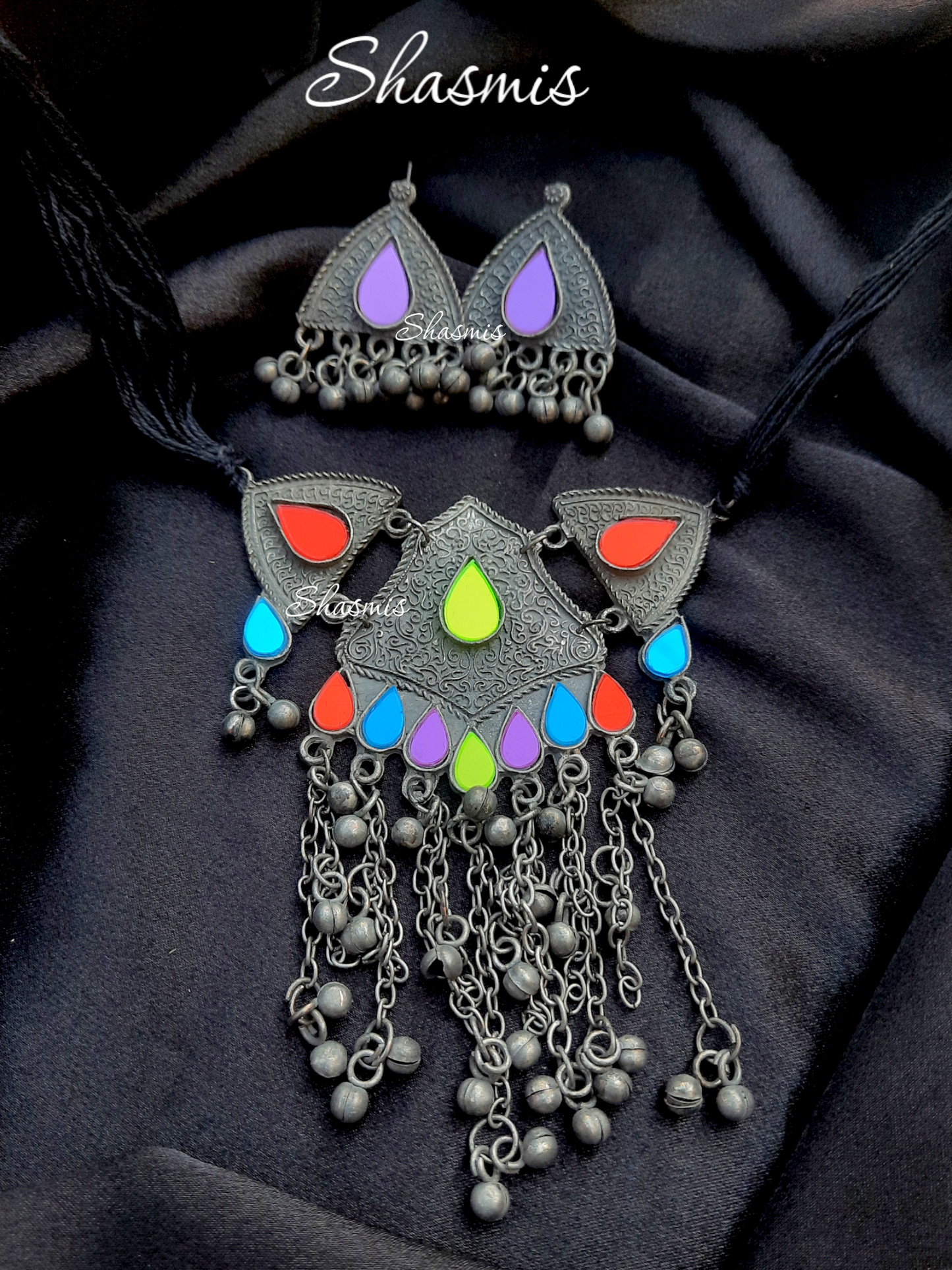 Color Sequence Long Afghani Choker With Earrings